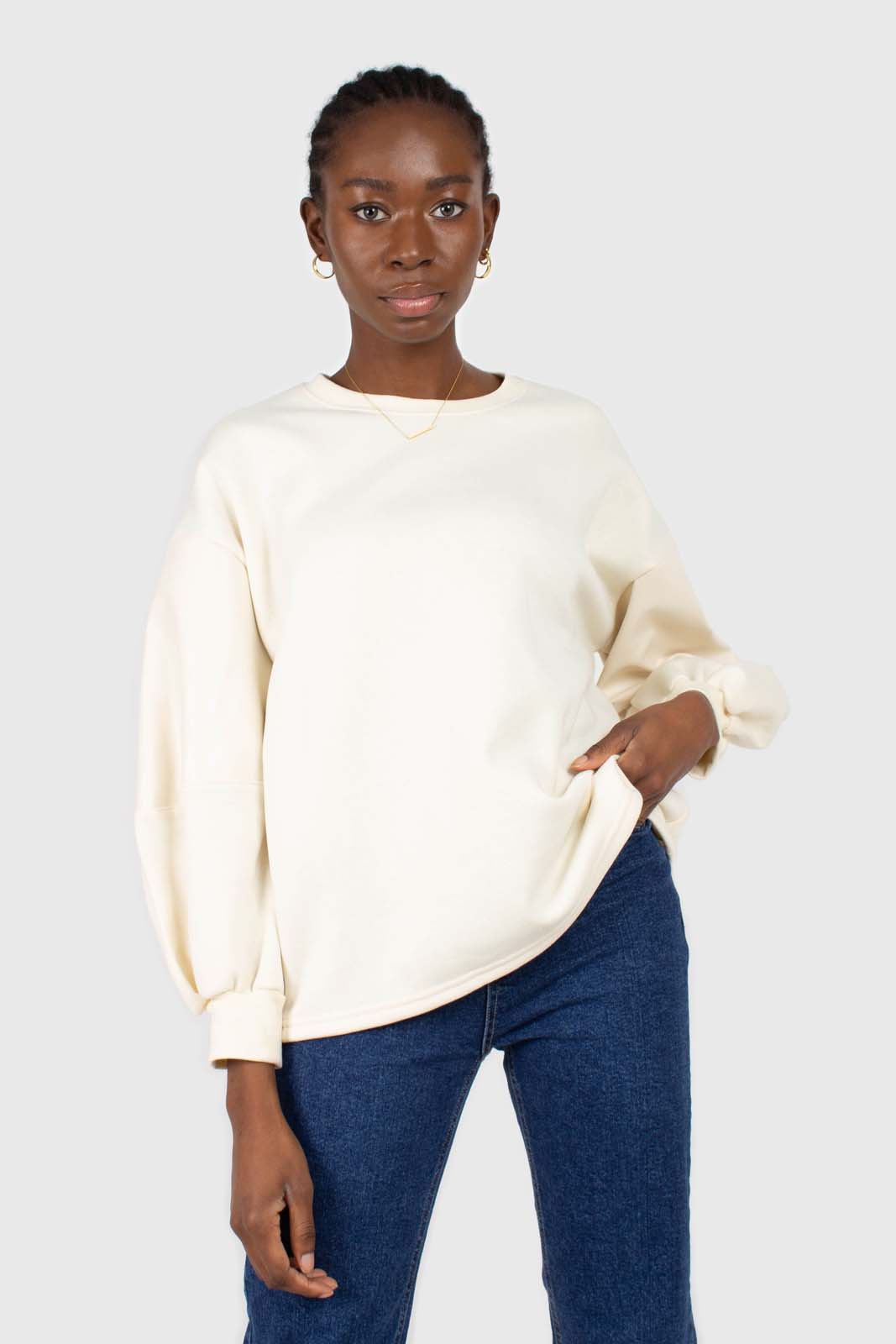 Cream vegan leather contrast sleeve sweatshirt_1