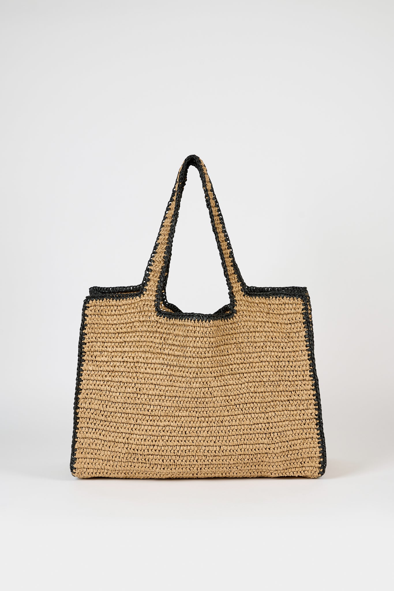 Dark beige black trimmed striped straw tote bag_1