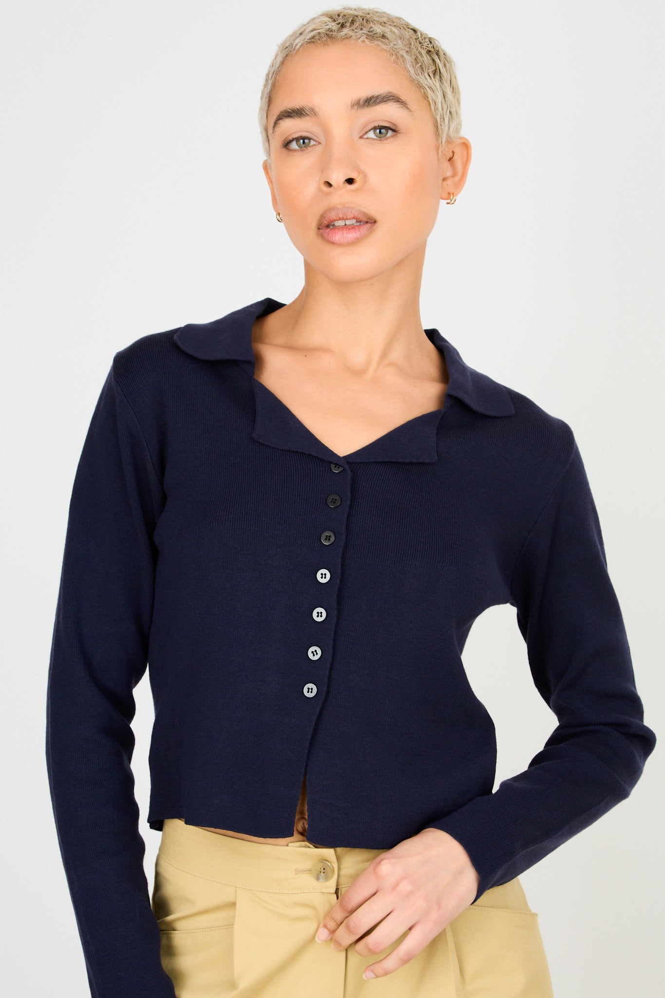 Dark blue collared tiny button cardigan_1
