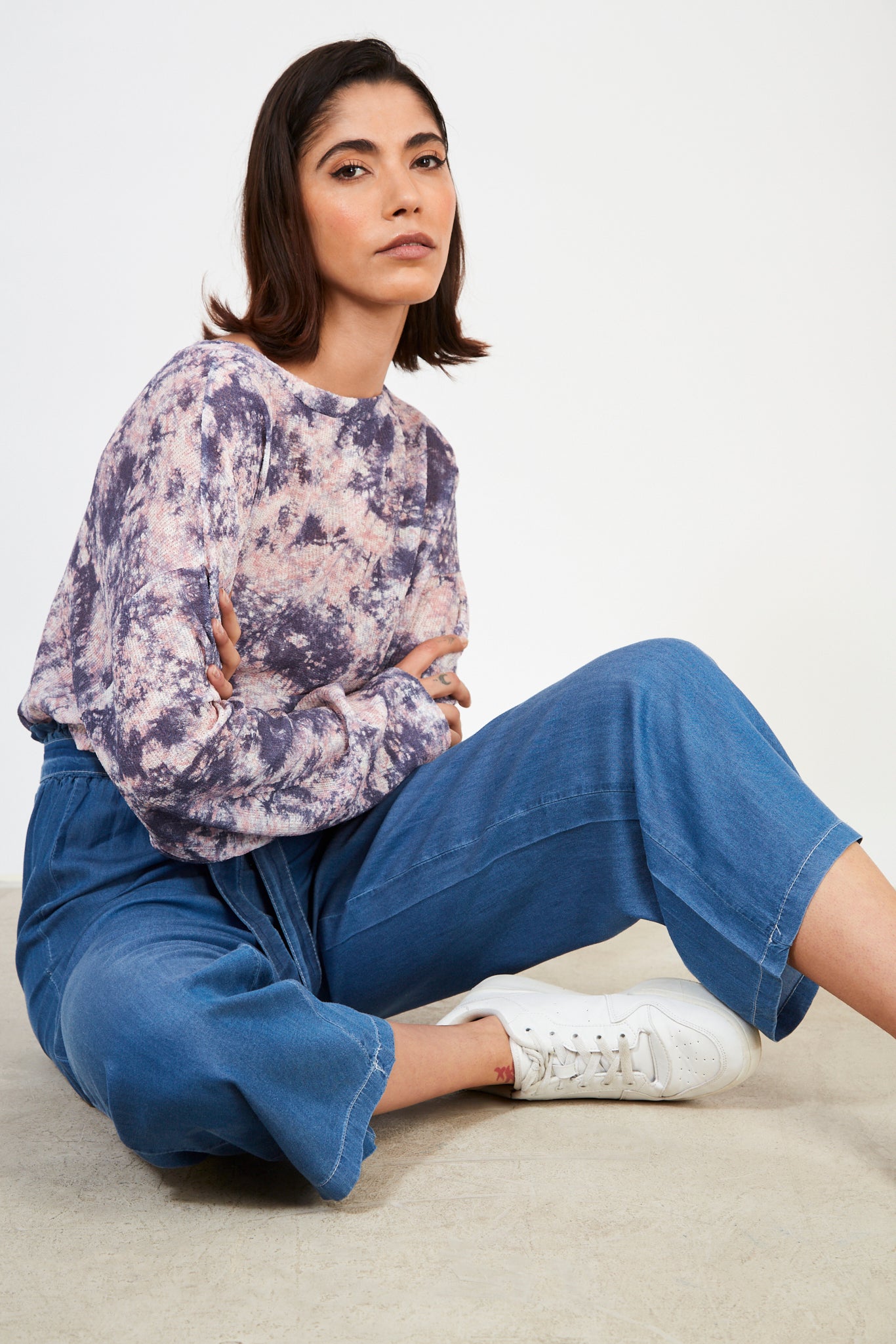 Dark blue denim belted wide leg trousers_5