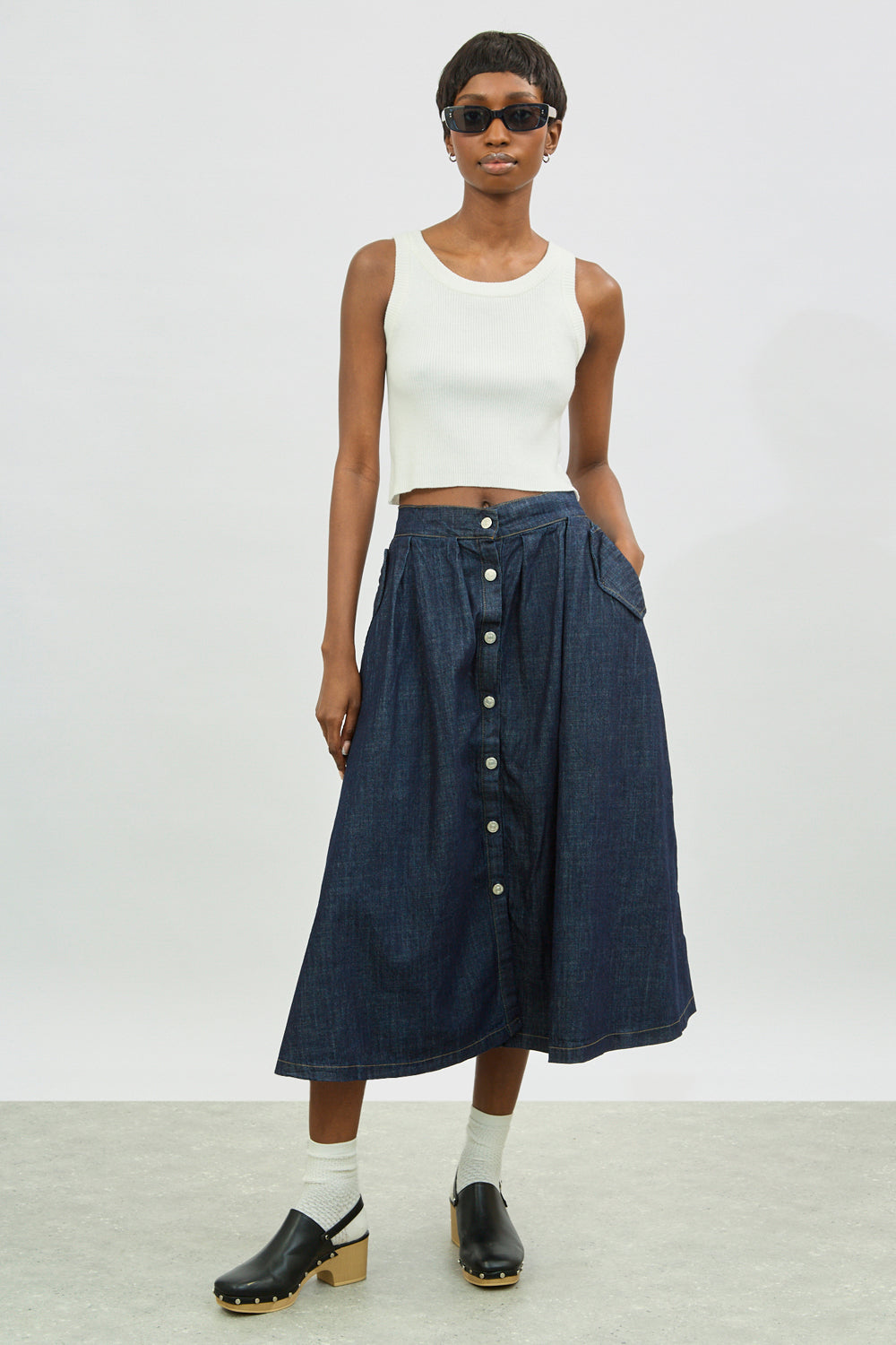 Dark blue denim button front skirt_4