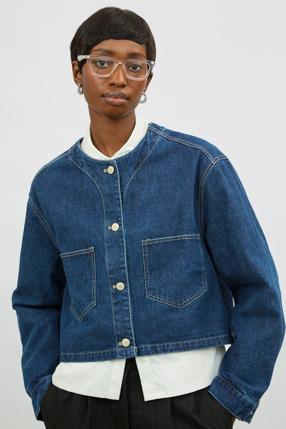 Dark blue denim round neck jacket_2