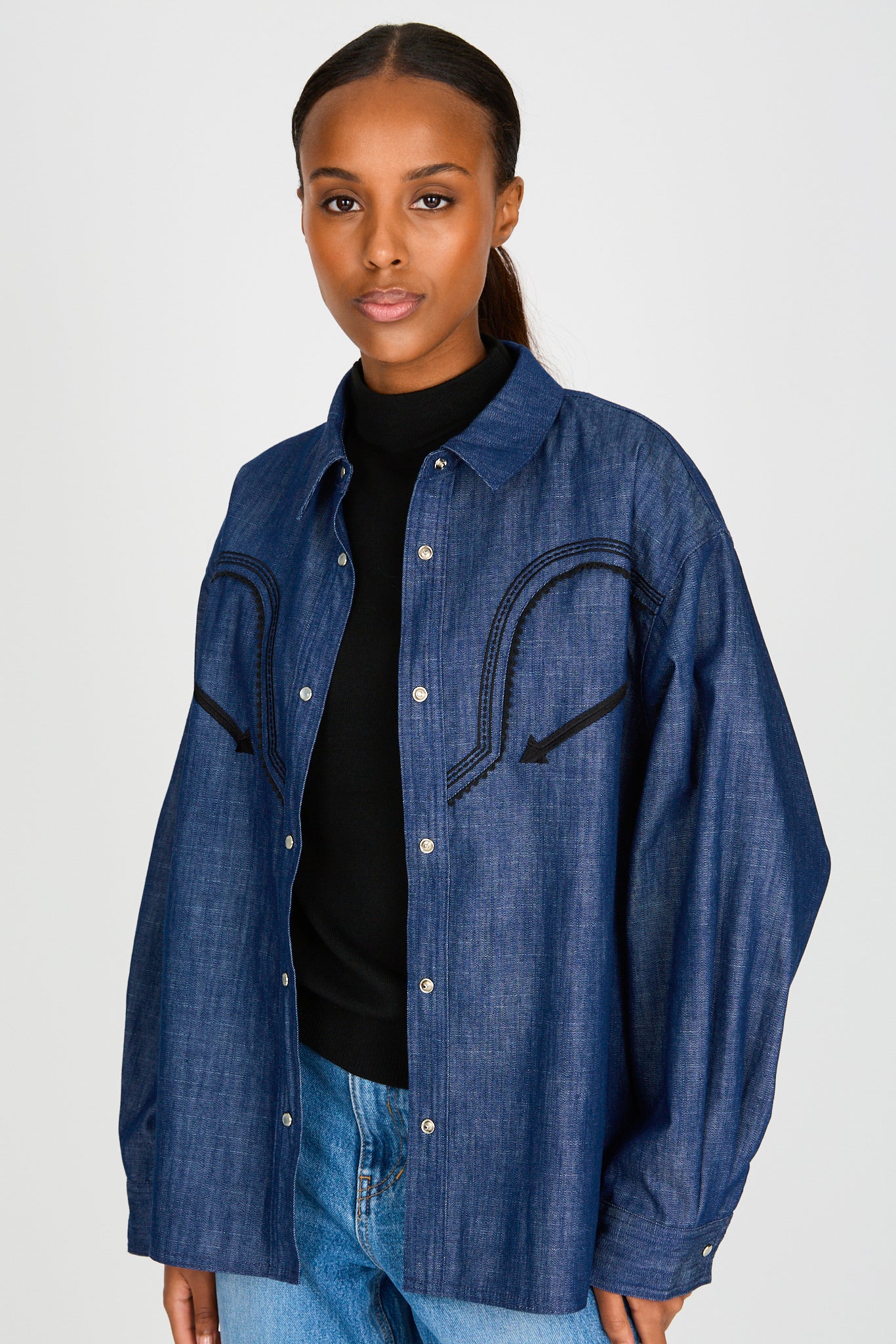 Dark blue denim western trim shirt_1