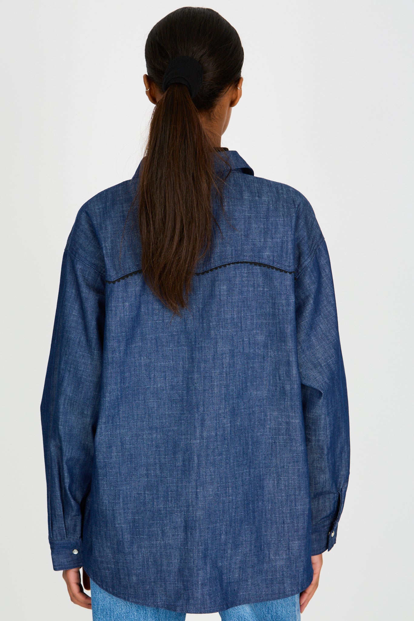 Dark blue denim western trim shirt_3