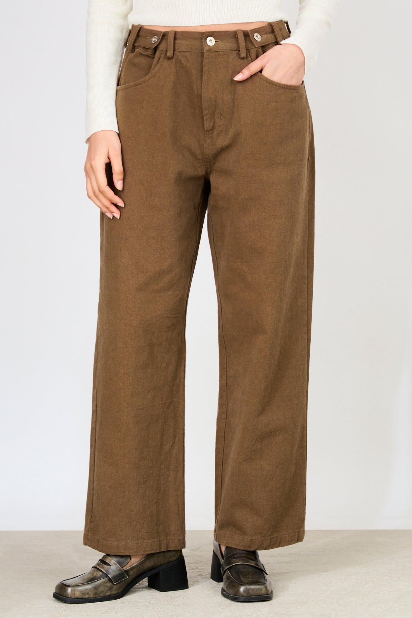 Dark brown adjustable waist double button jeans_1