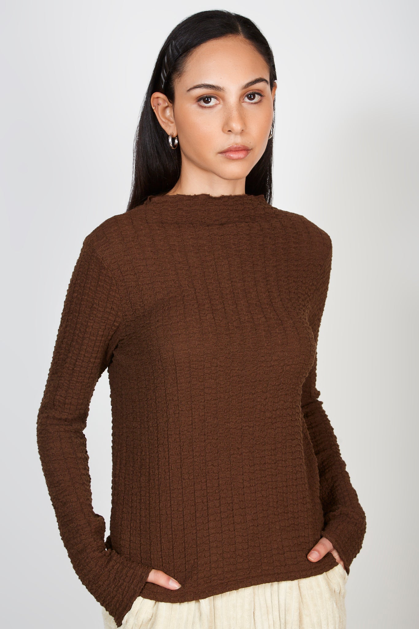 Dark brown textured high neck top_1