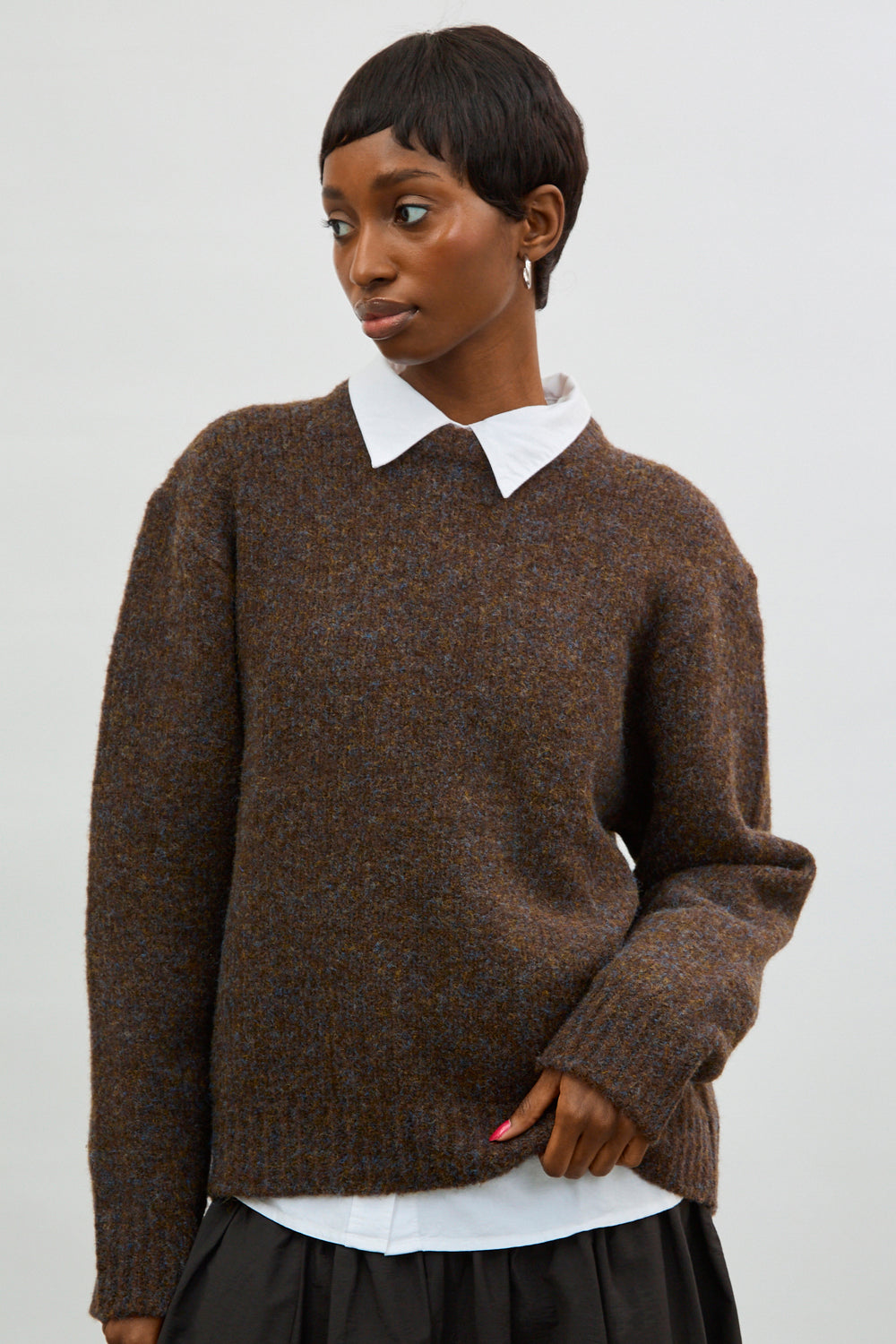 Dark brown wool blend flecked crew neck jumper_1