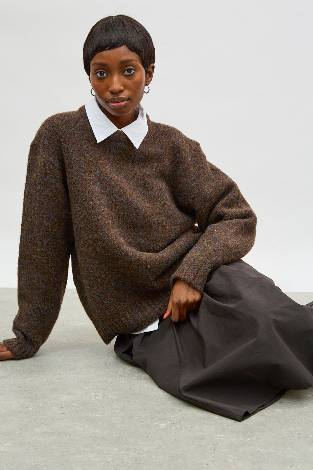 Dark brown wool blend flecked crew neck jumper_5