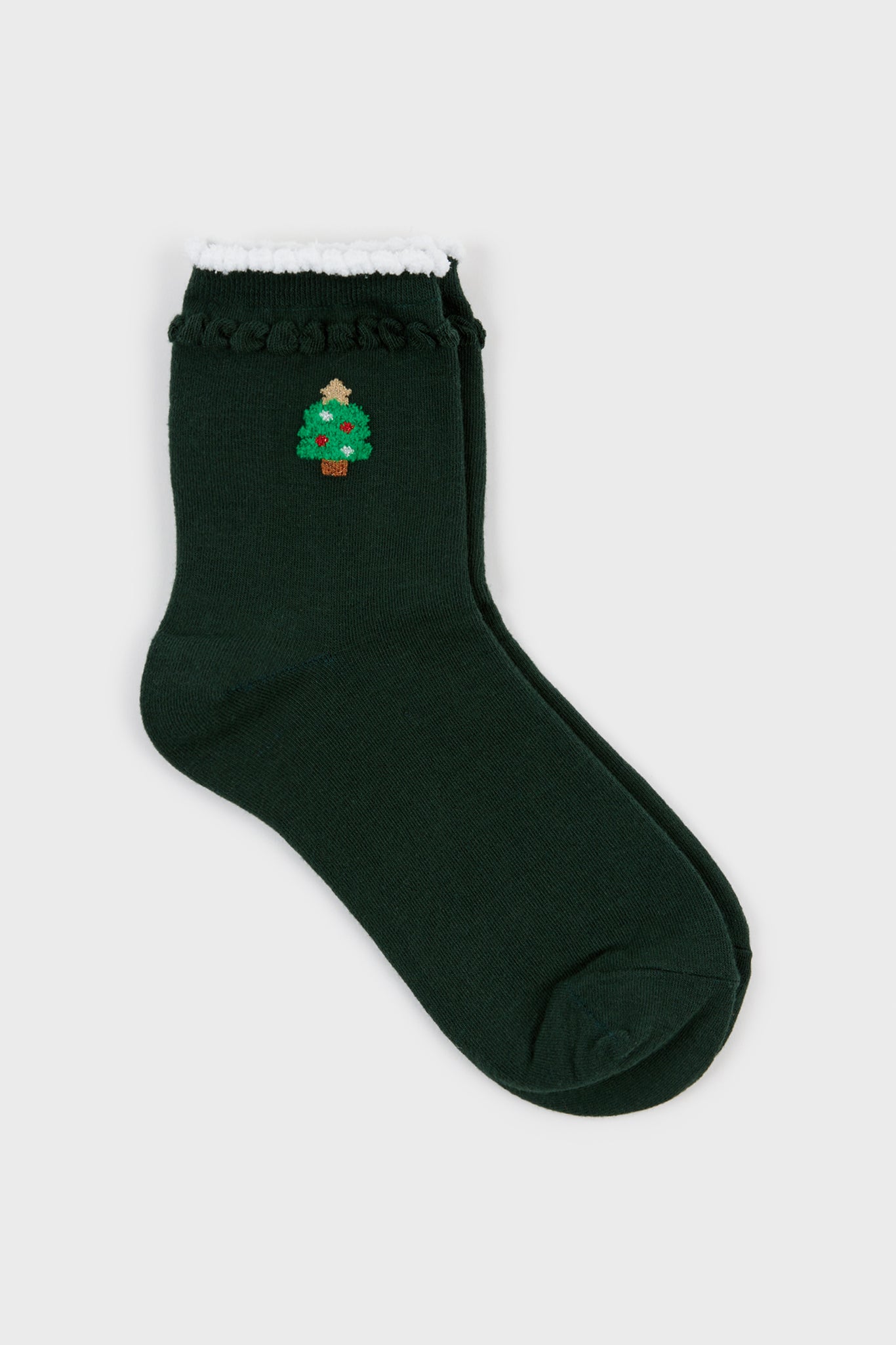 Dark green white trim tiny Christmas tree socks_1