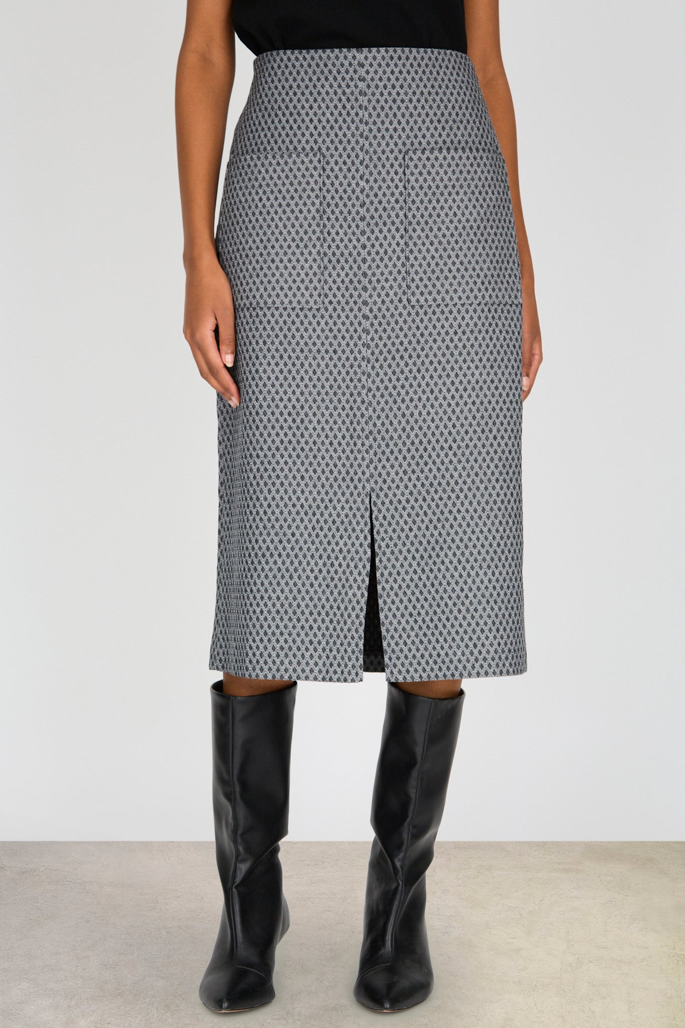 Dark grey and white textured diamond pocket front pencil skirt_1