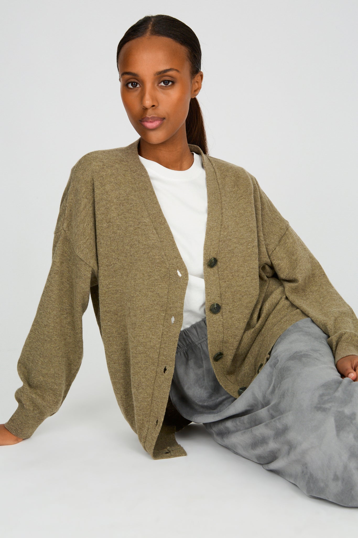 Dark khaki wool blend relaxed cardigan_1