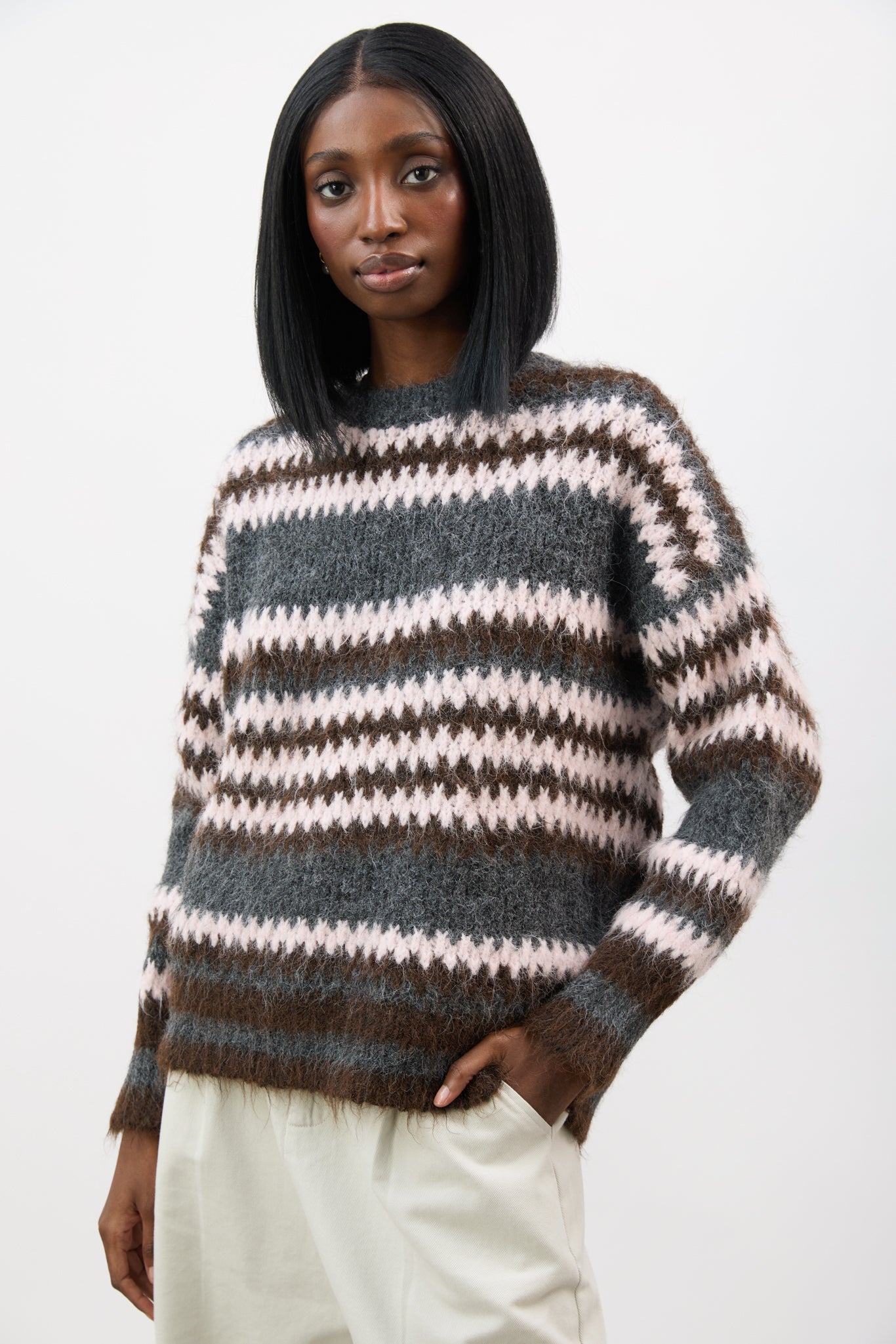 Pink grey and brown wool blend fuzzy striped jumper_1