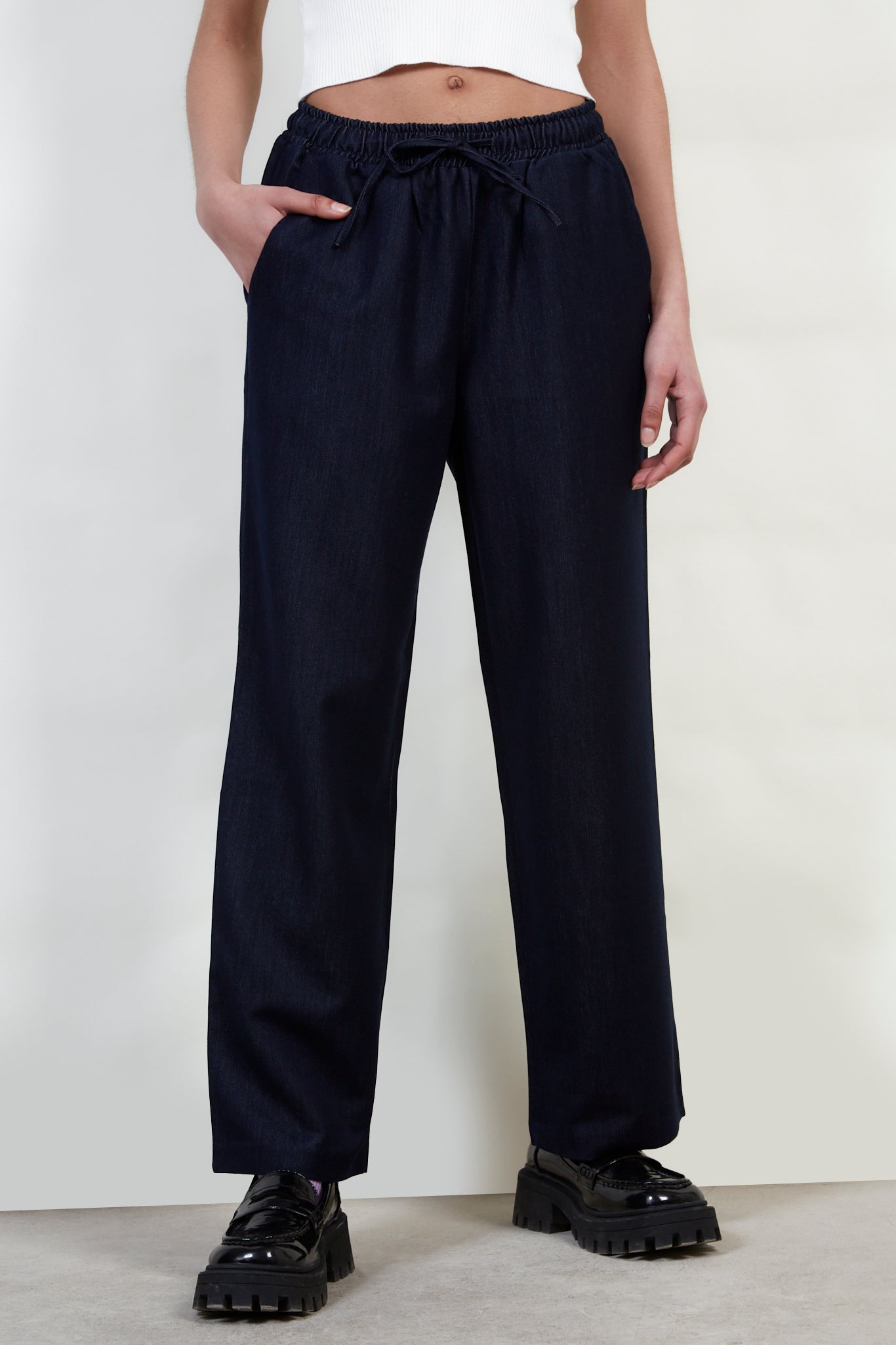 Dark denim drawstring trousers_1