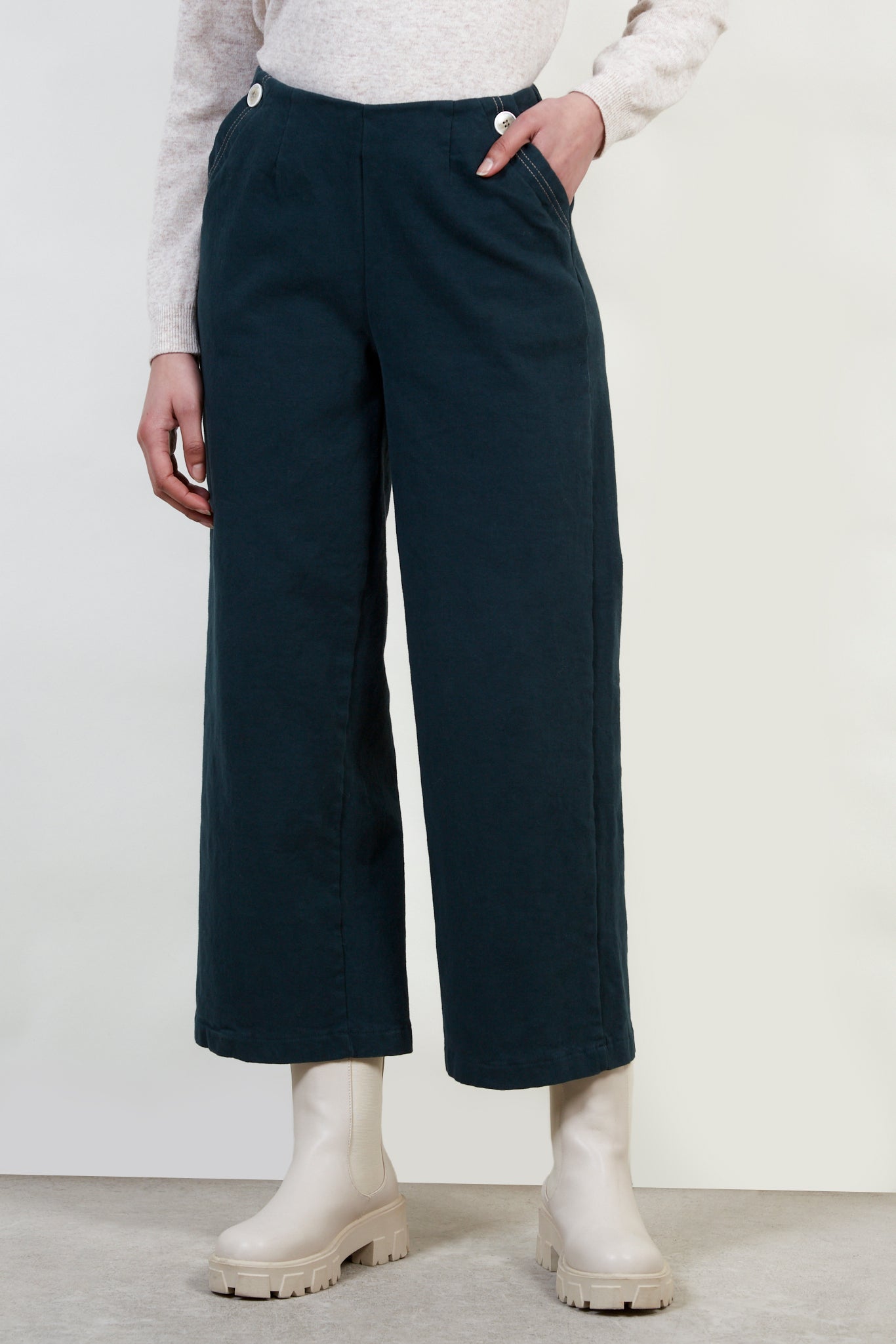 Dark green contrast stitch wide leg trousers_1