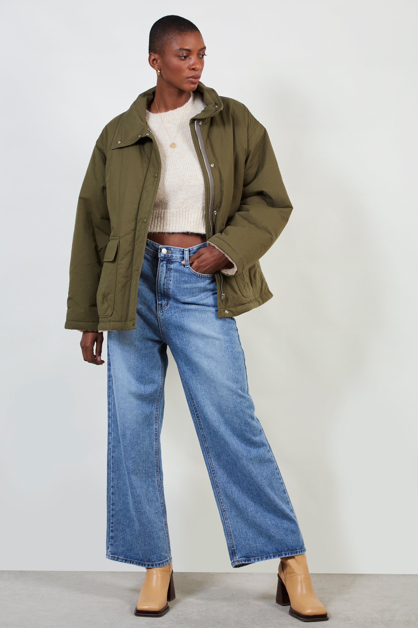 Dark khaki teddy lined cinch back parka_1