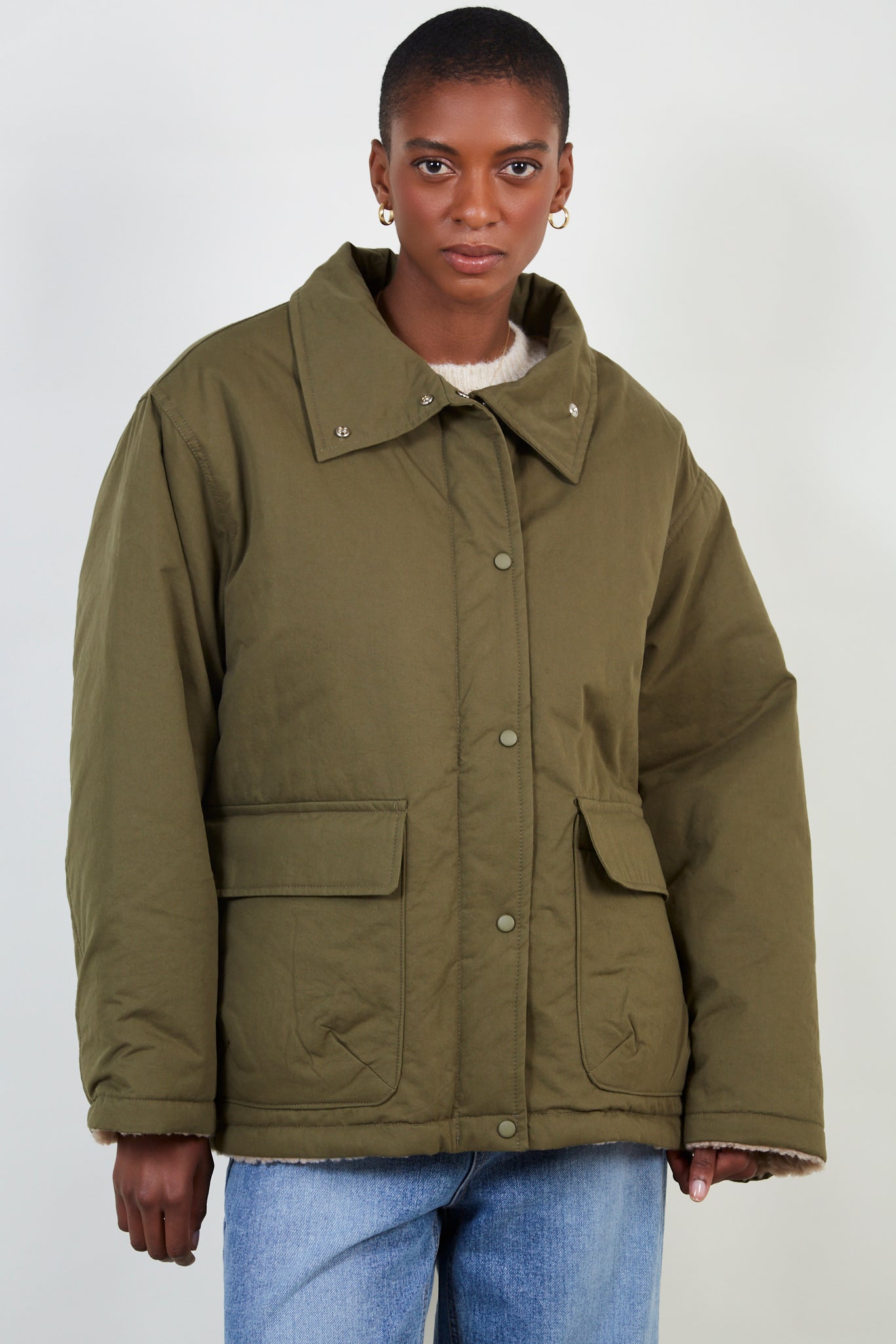 Dark khaki teddy lined cinch back parka_8