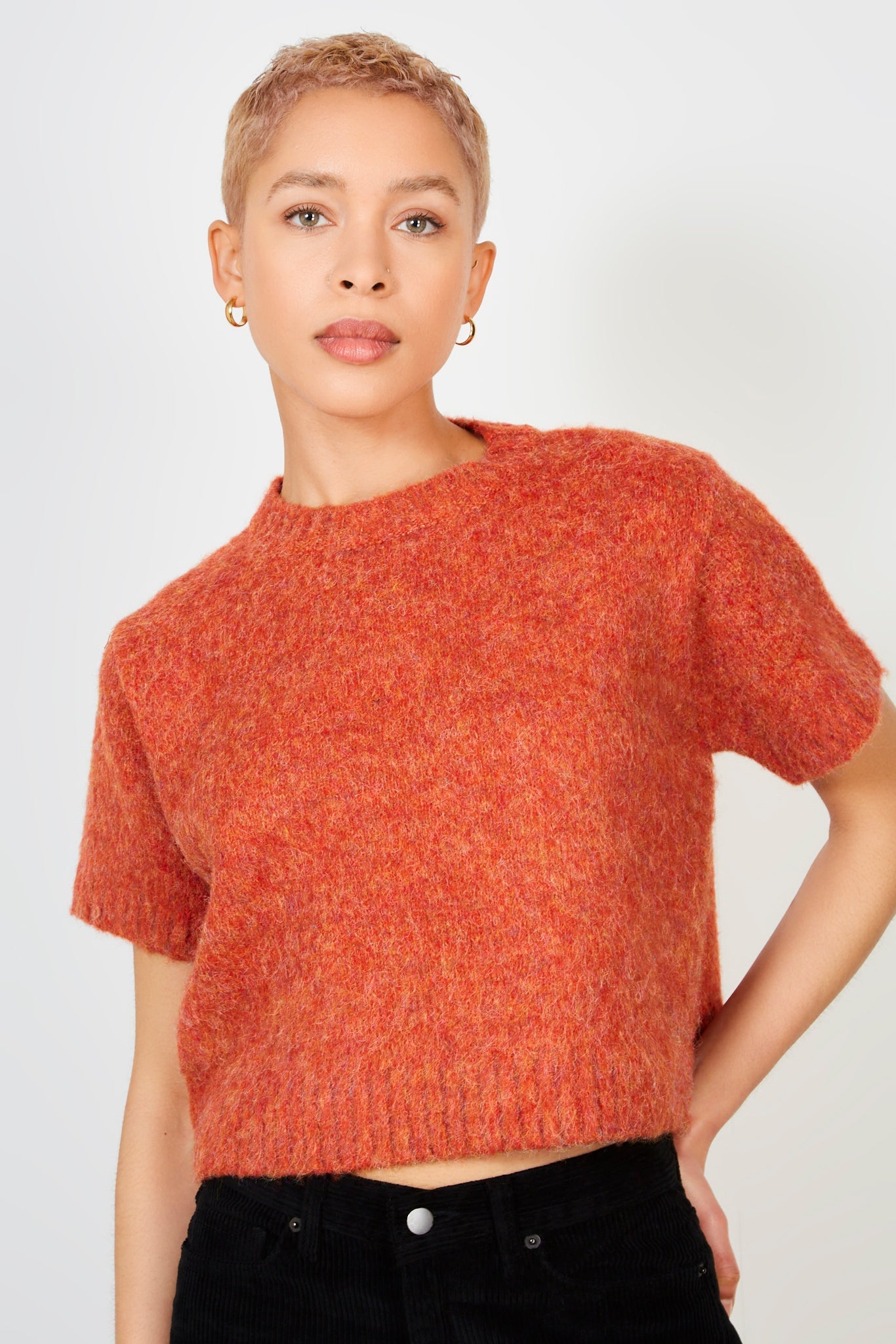 Dark orange wool blend mix knit short sleeve jumper_1