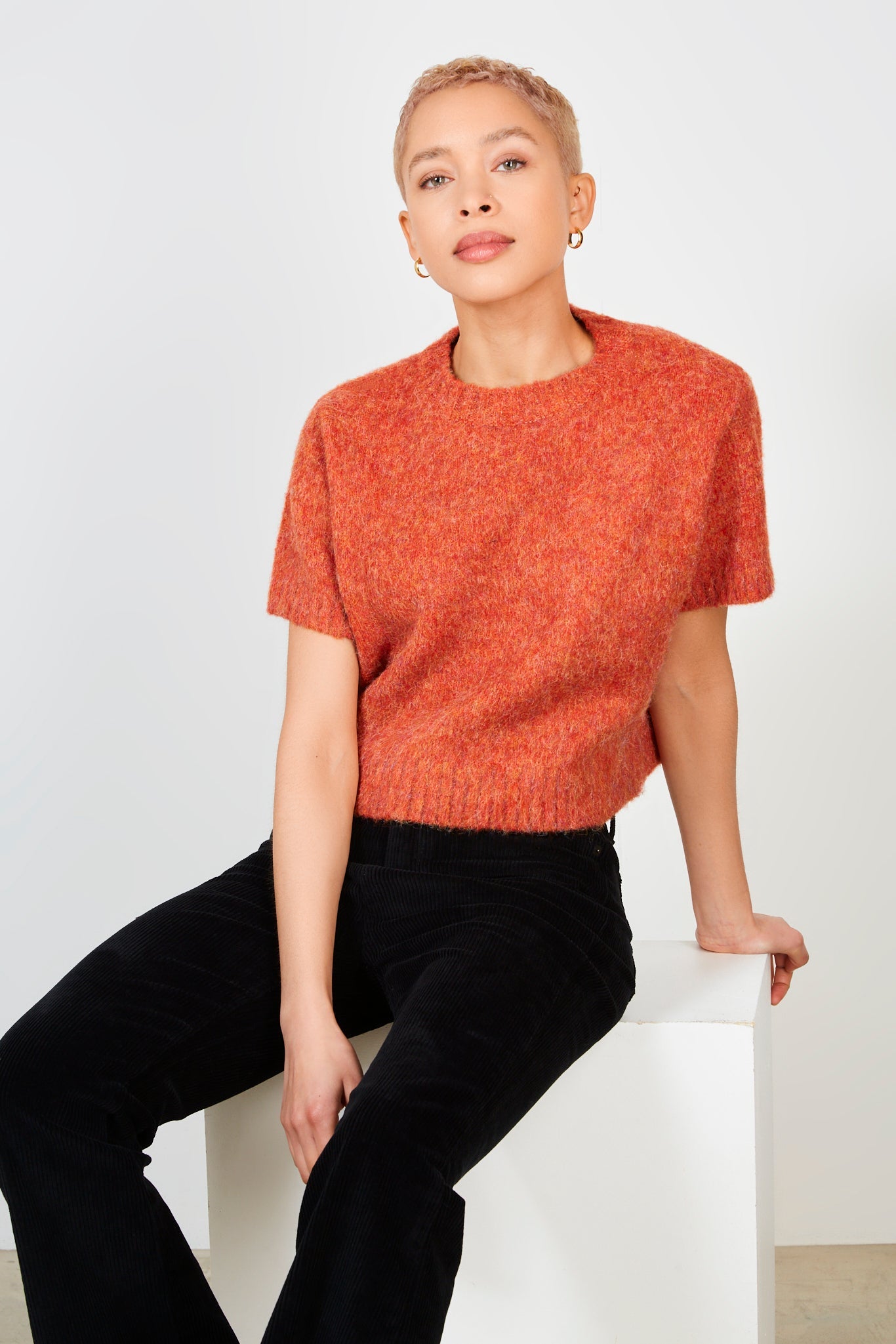 Dark orange wool blend mix knit short sleeve jumper_5
