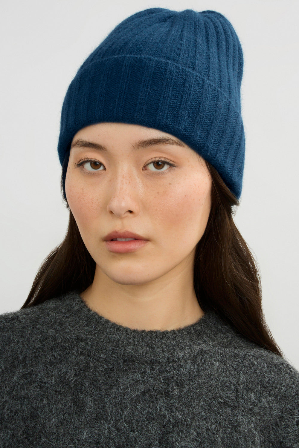 Deep blue angora wool blend large ribbed beanie hat_3