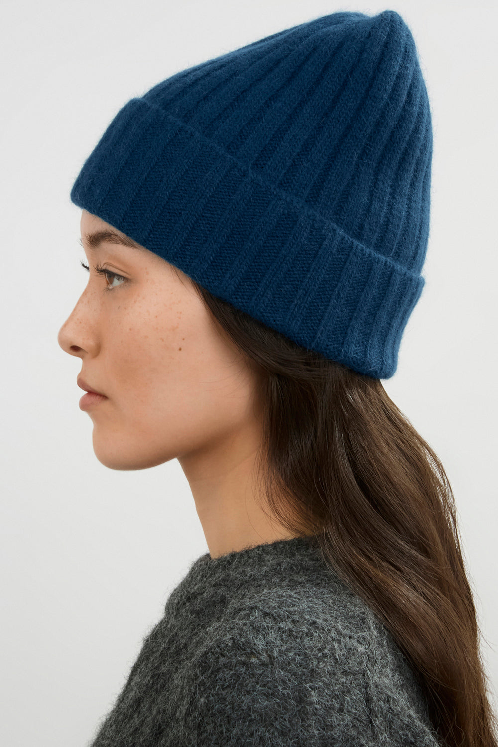 Deep blue angora wool blend large ribbed beanie hat_4