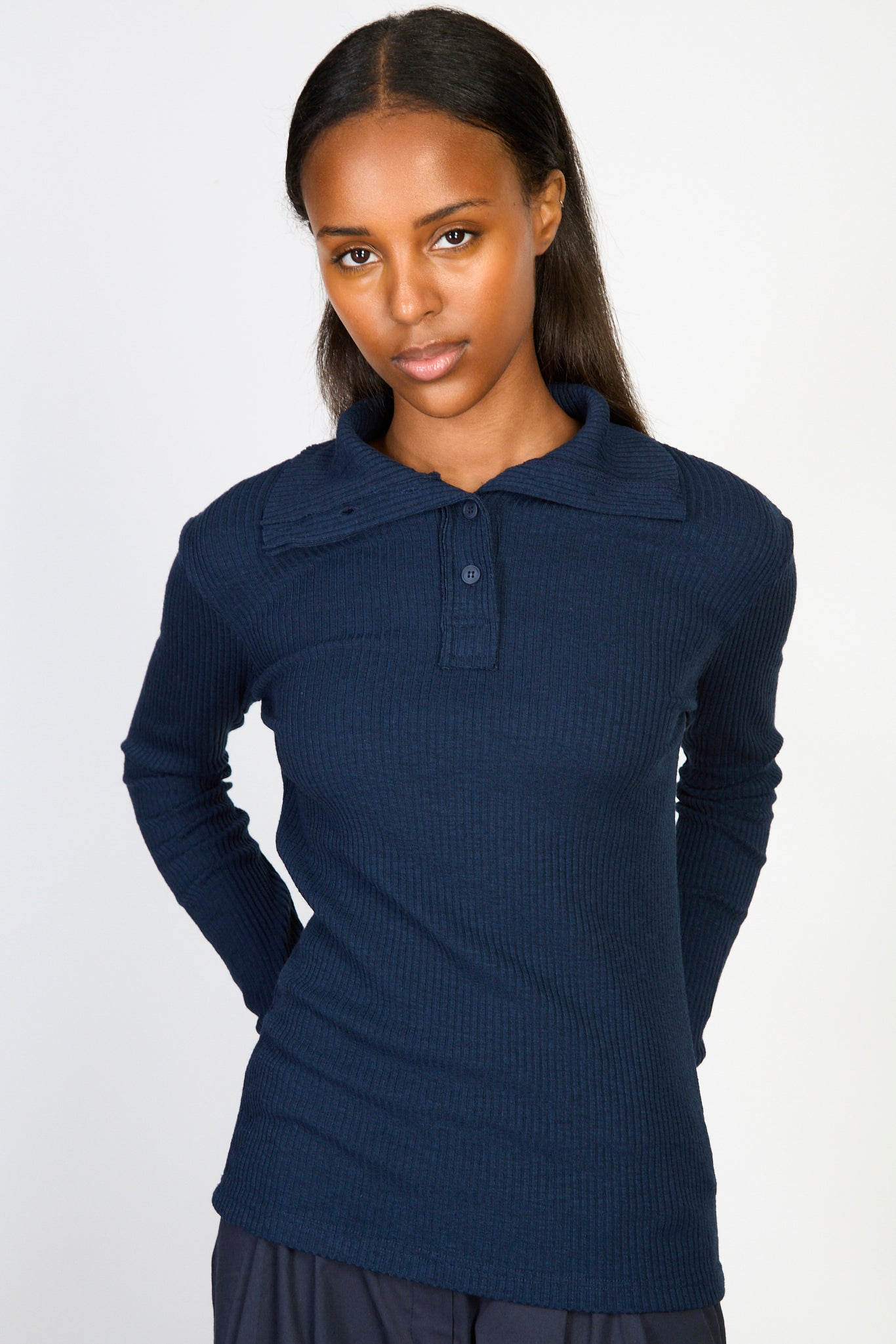 Deep blue ribbed button collar jersey top_1