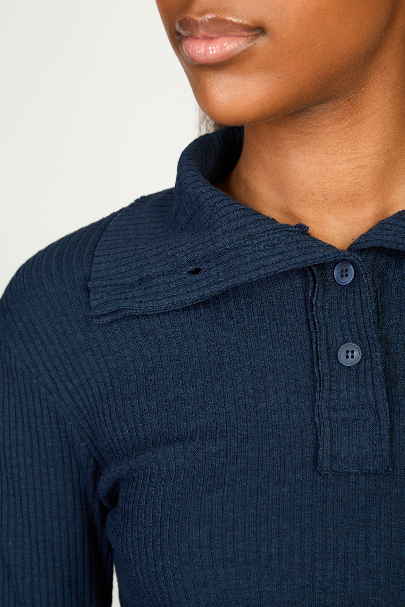 Deep blue ribbed button collar jersey top_3