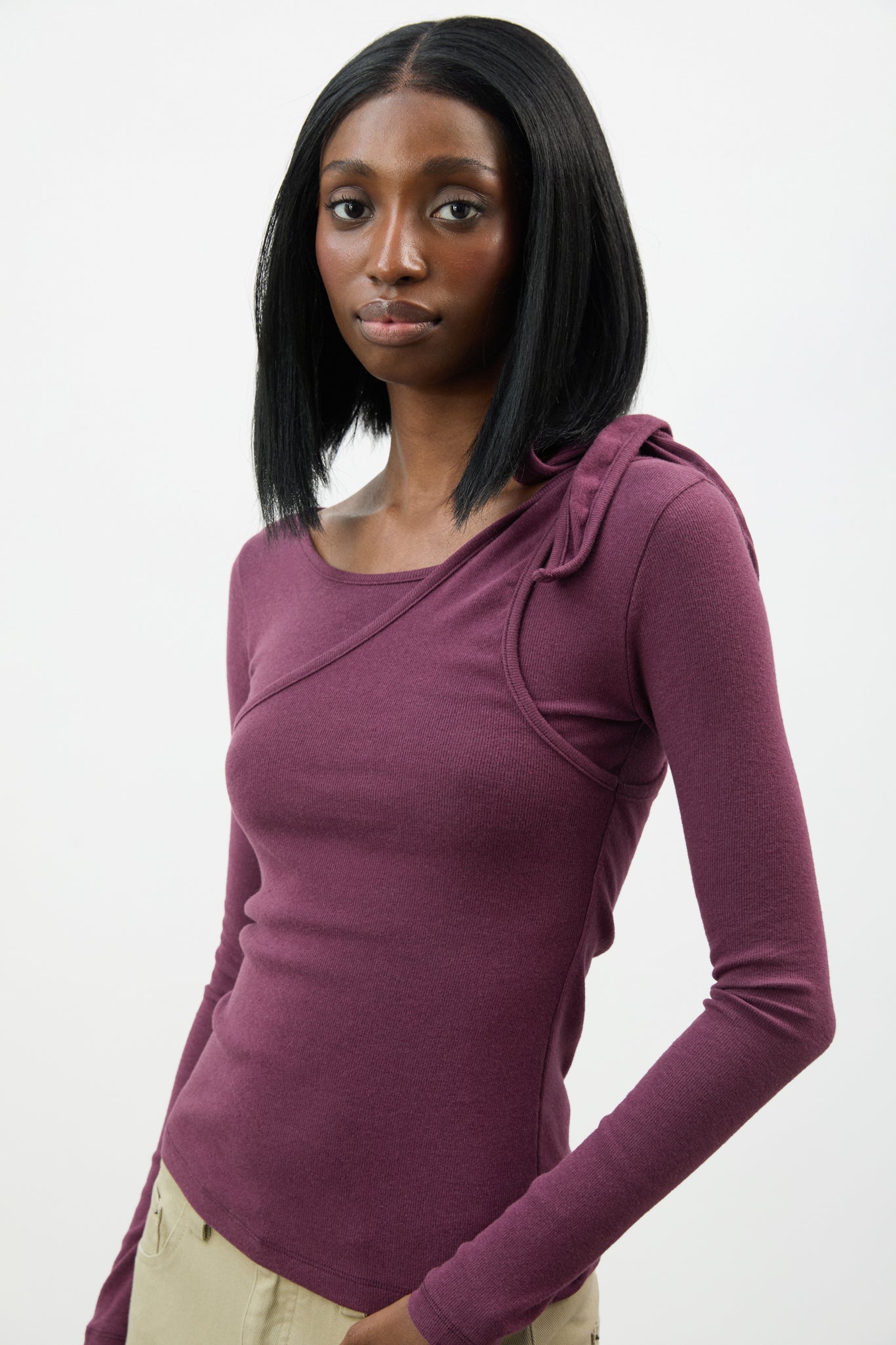 Deep purple twisted neckline long sleeve top_1