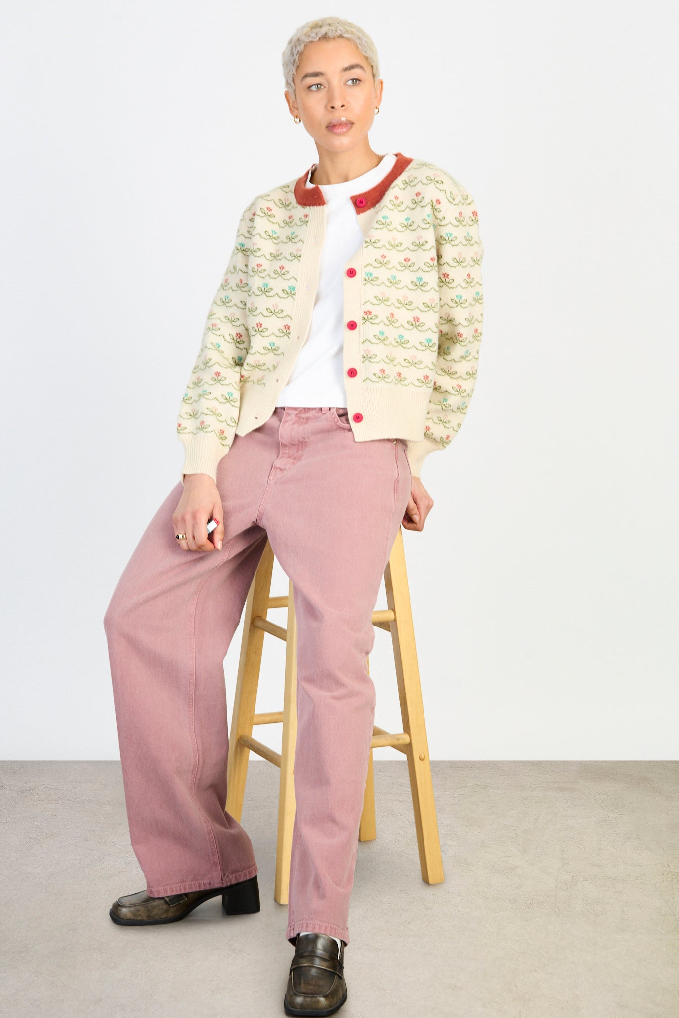 Dusty pink adjustable waist double button jeans_5