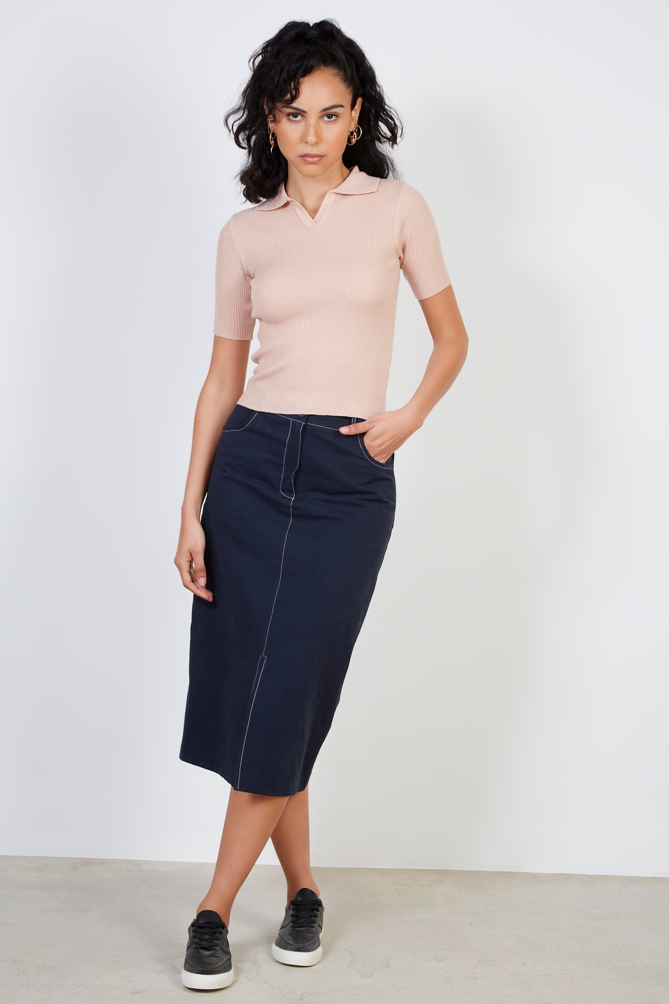 Dusty pink ribbed collar knit tee_3