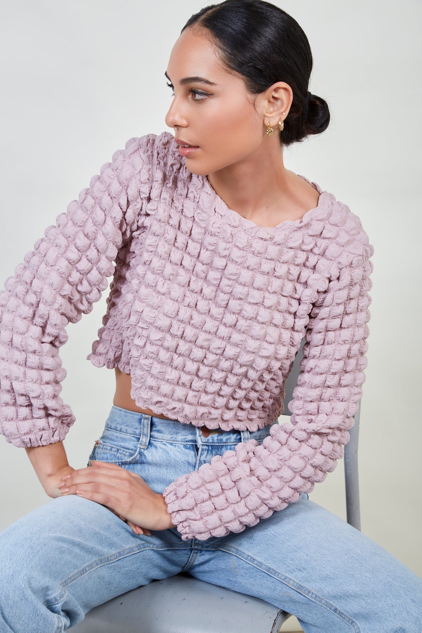 Dusty pink textured puff long sleeve top_1