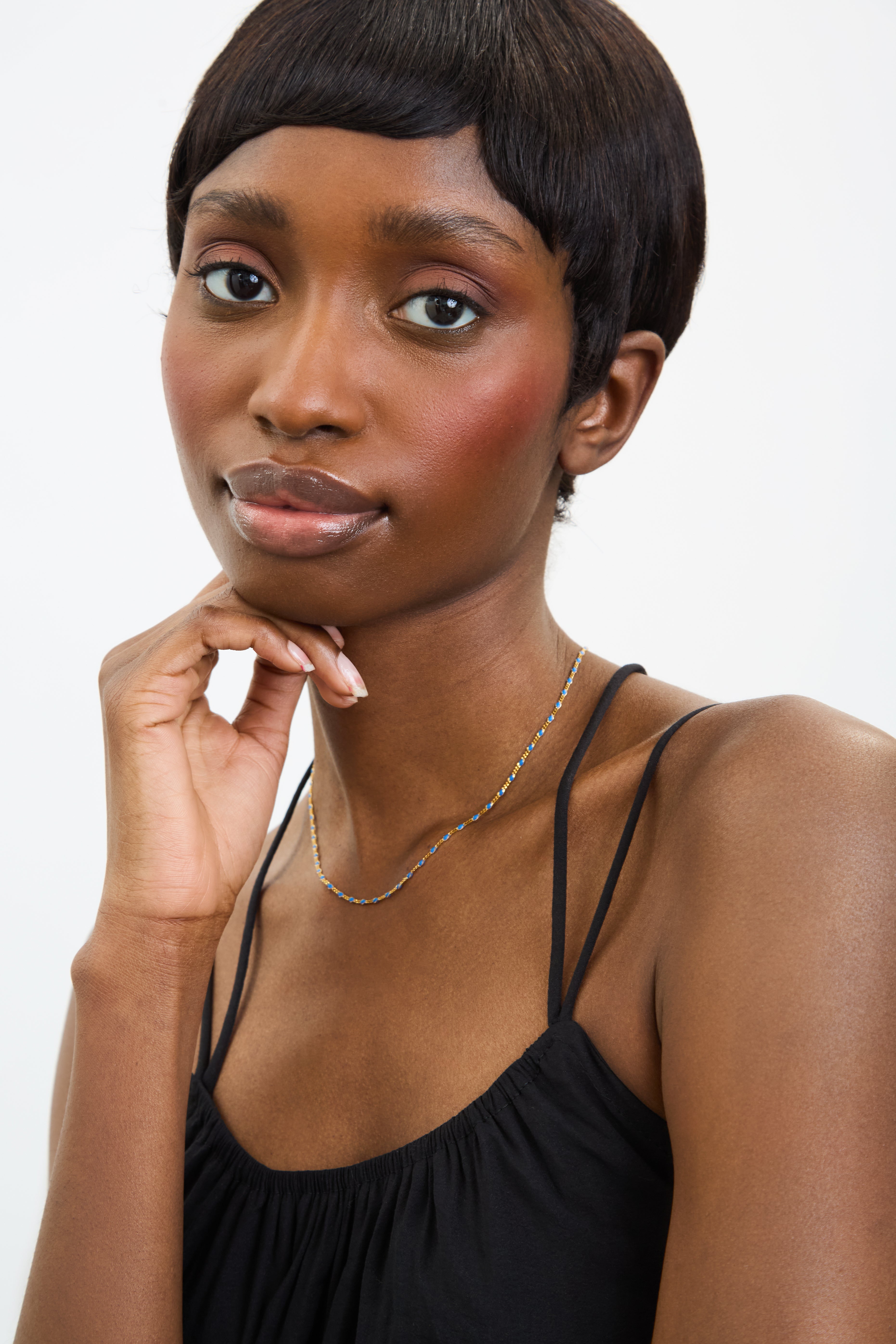 Gold blue bead drop chain necklace_4