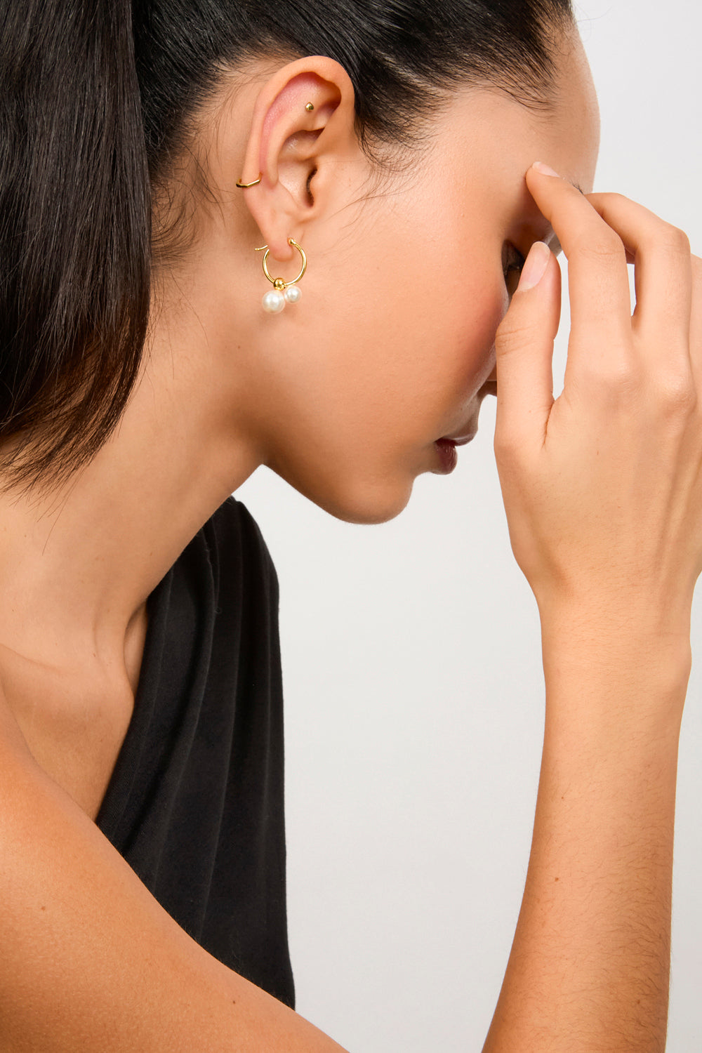 Gold double pearl drop hoop earring_2