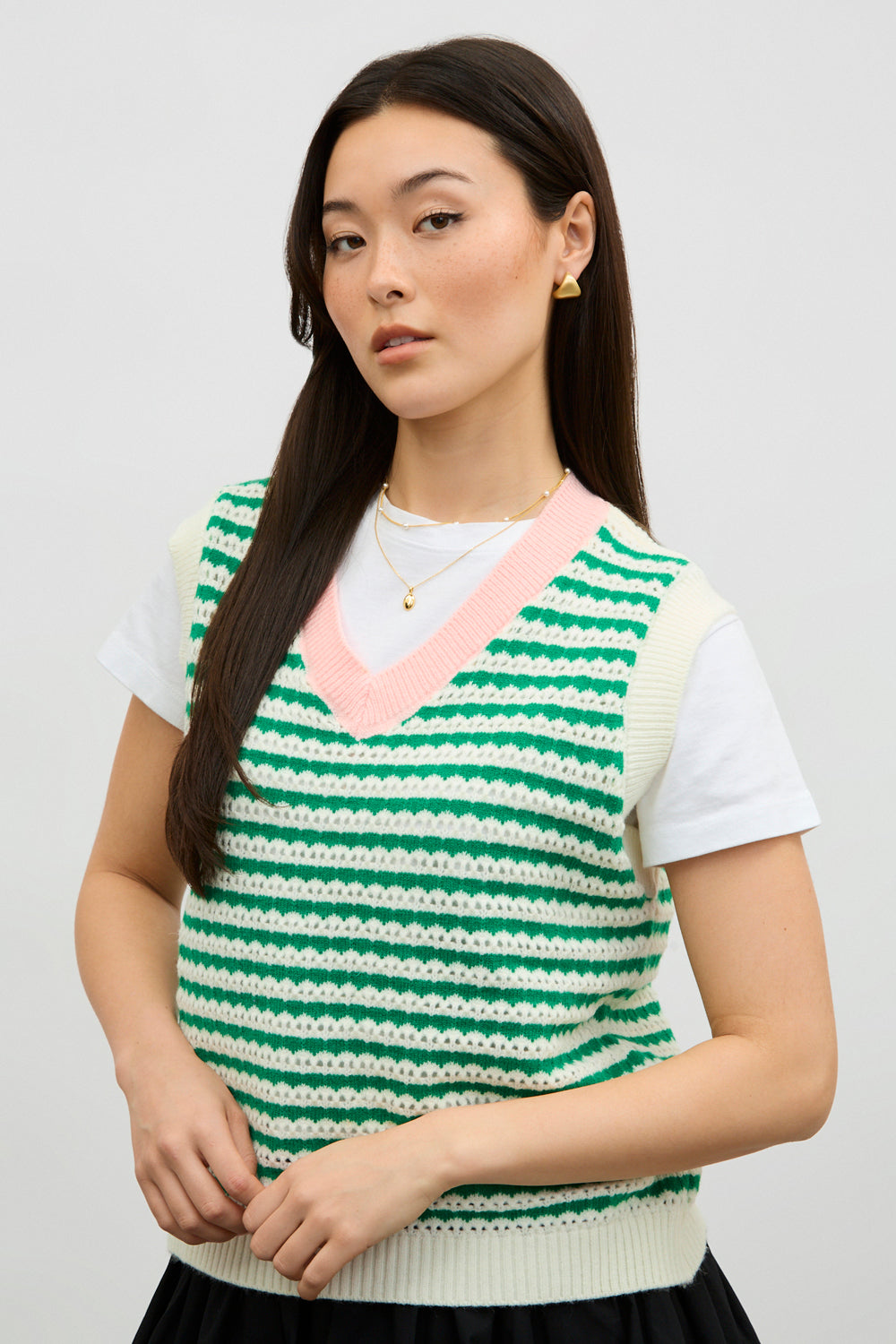 Green and ivory striped pink collar sweater vest_1