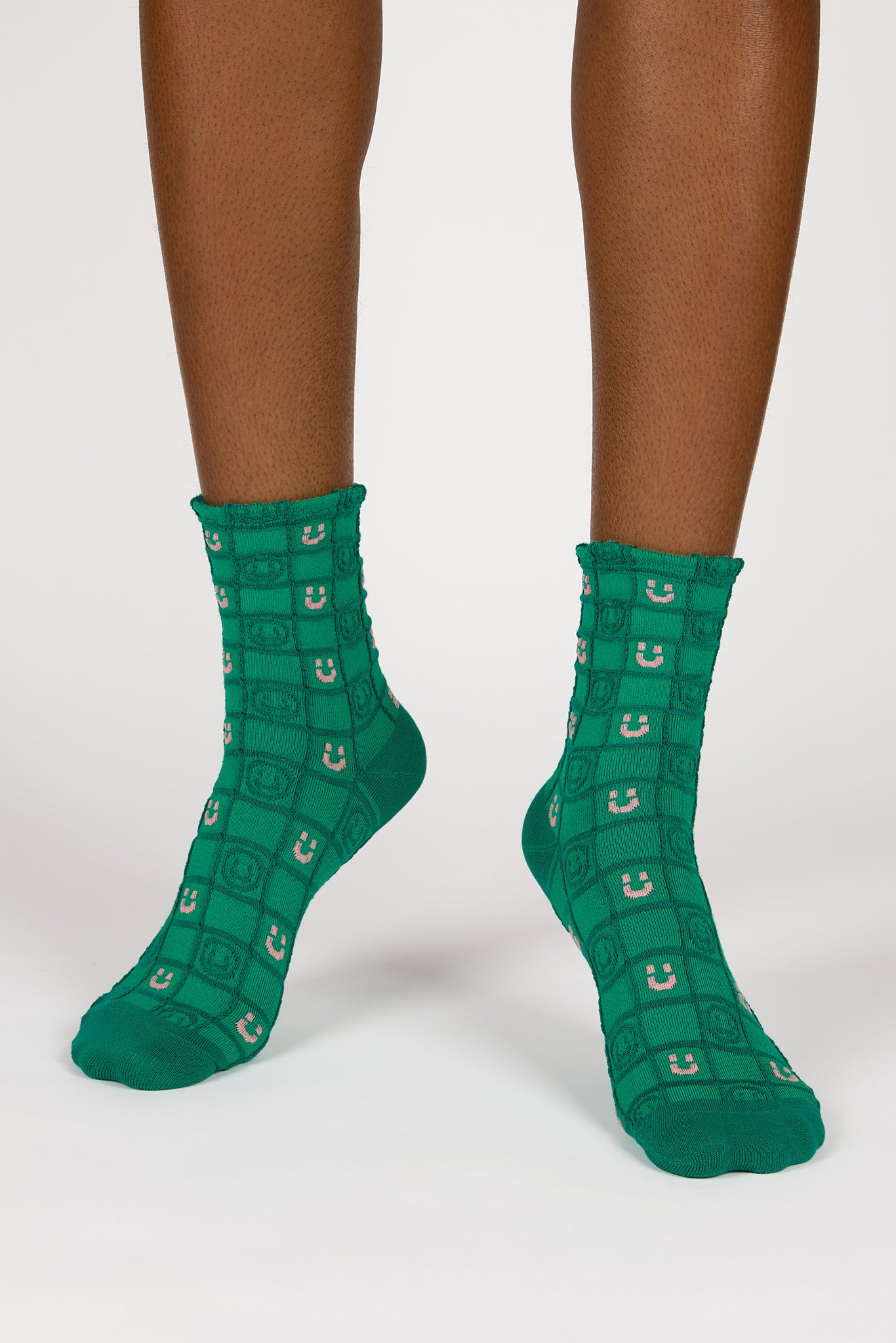 Green and white checked smiley face socks_2