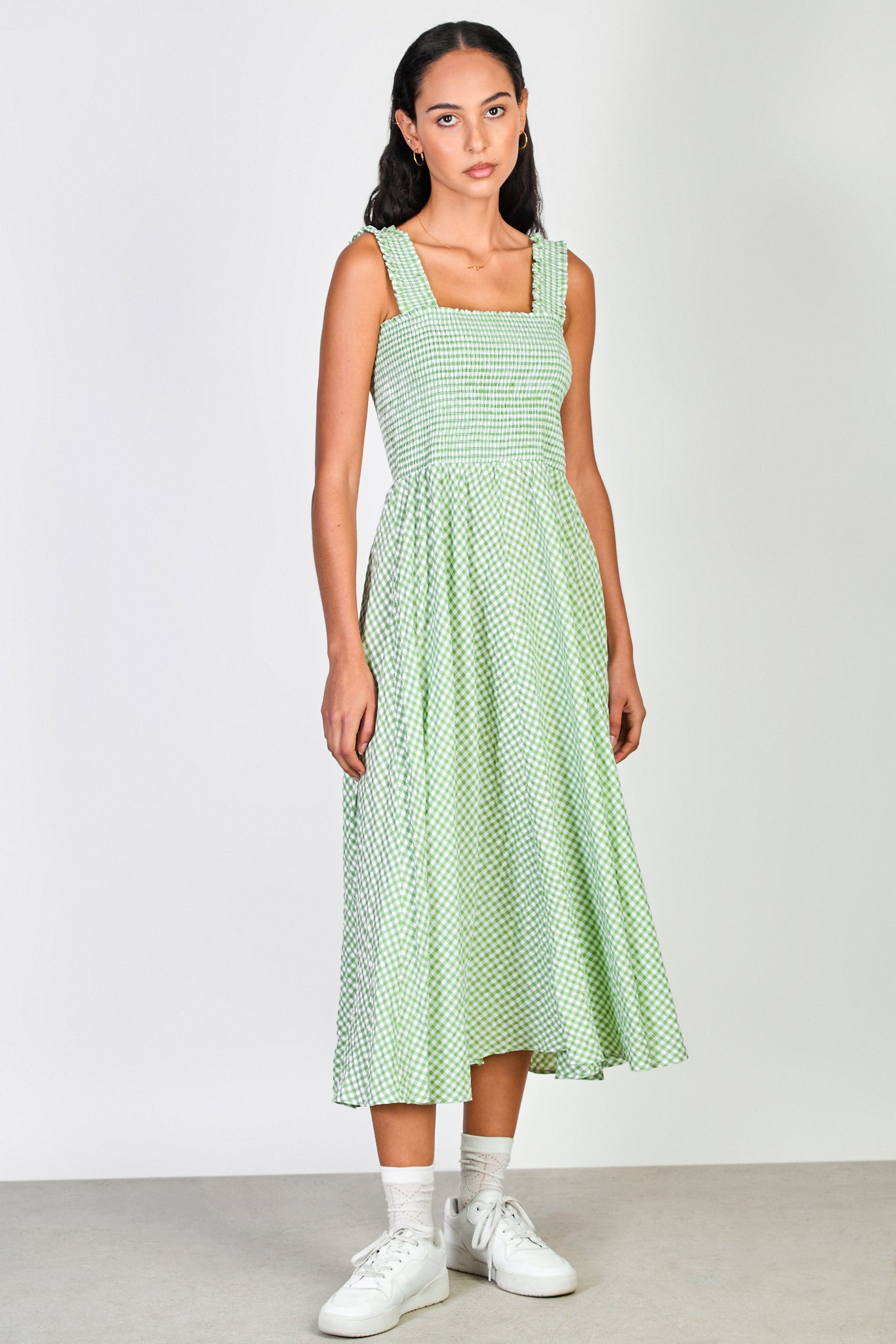 Green and white gingham ruched bodice dress_1