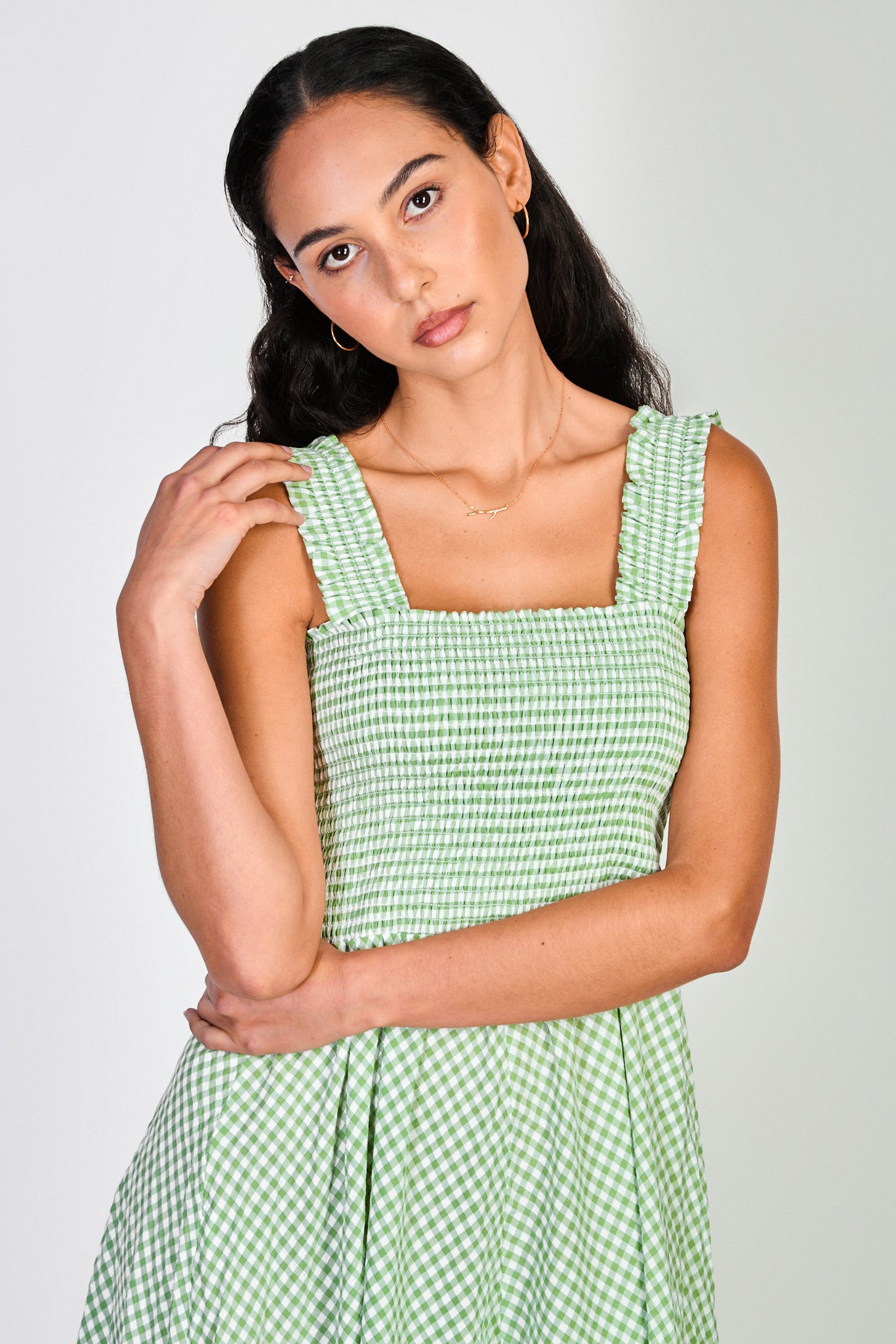 Green and white gingham ruched bodice dress_4