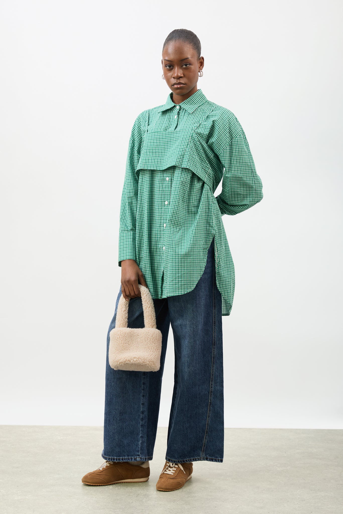 Green and white plaid layered shirt dress_4