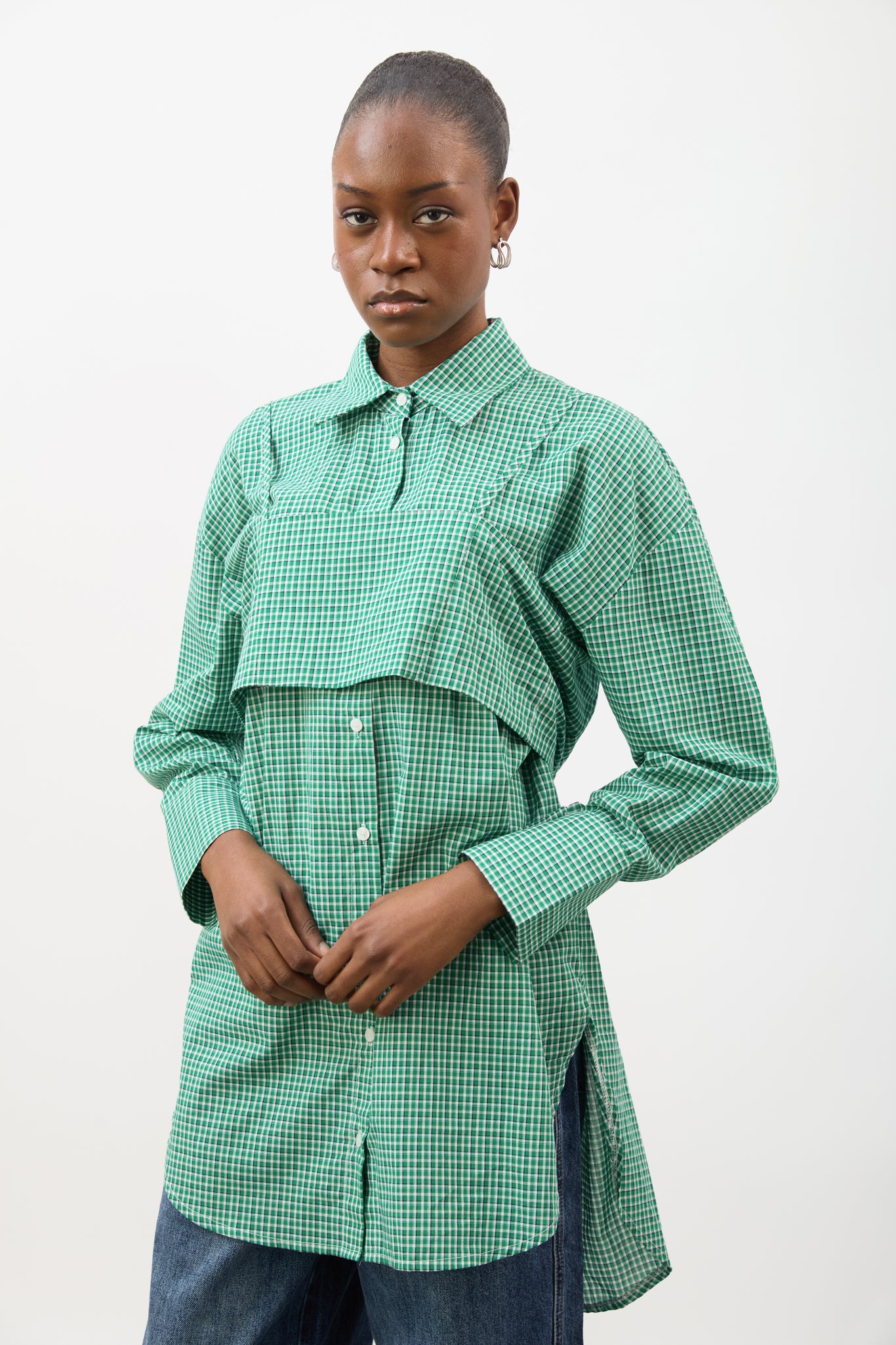 Green and white plaid layered shirt dress_1