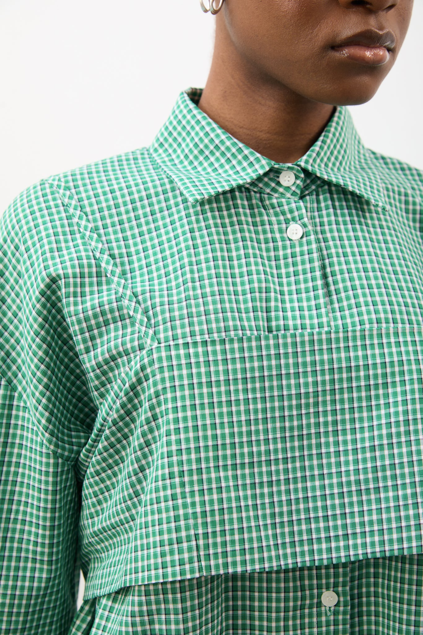 Green and white plaid layered shirt dress_3