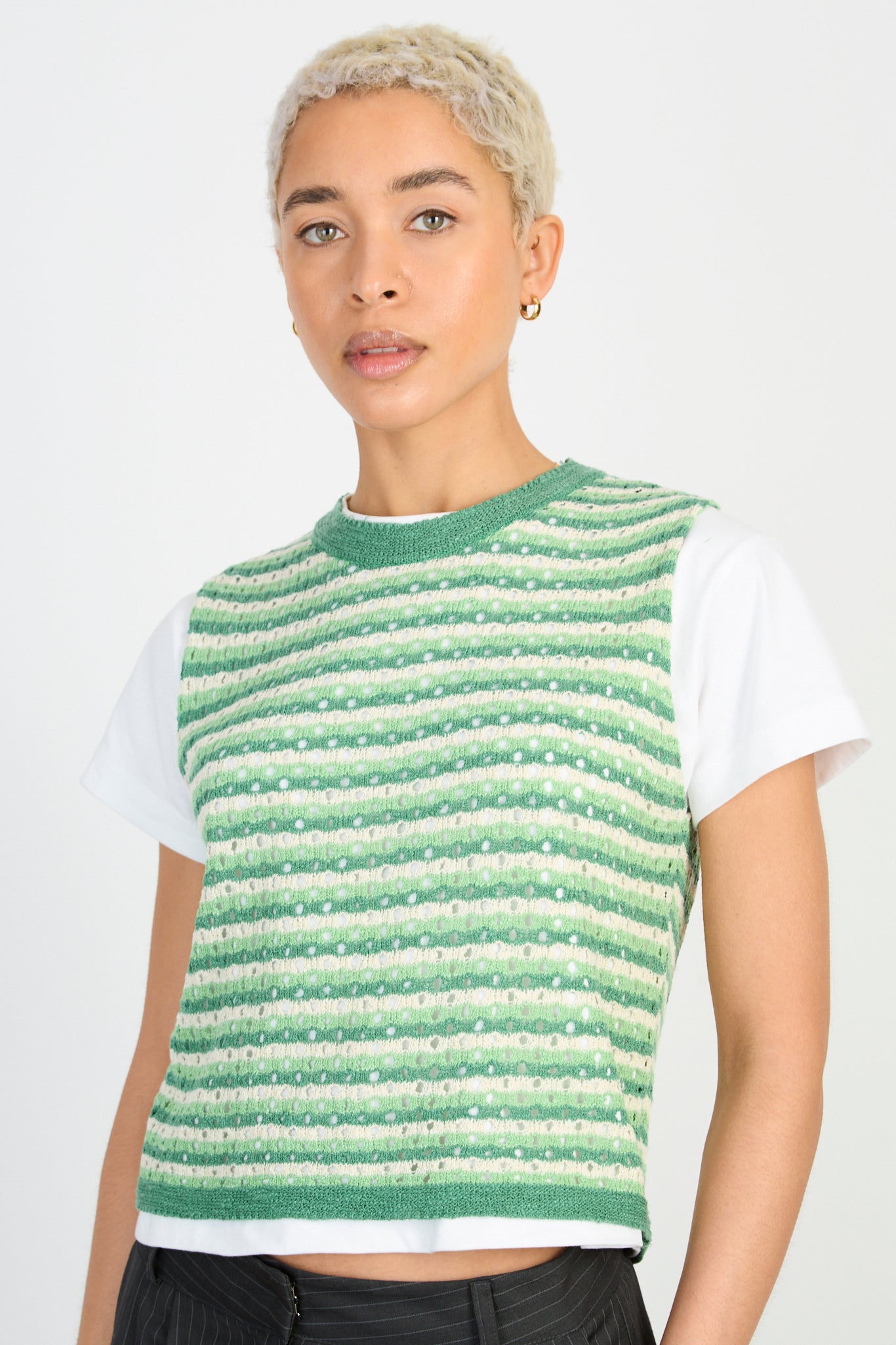 Green and white striped knit tank_1