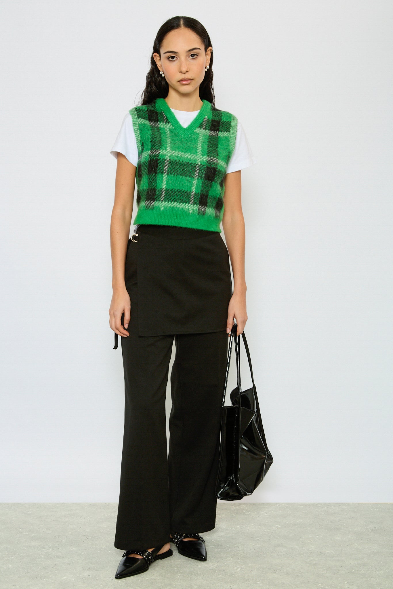 Green black and ivory fuzzy plaid sweater vest_4