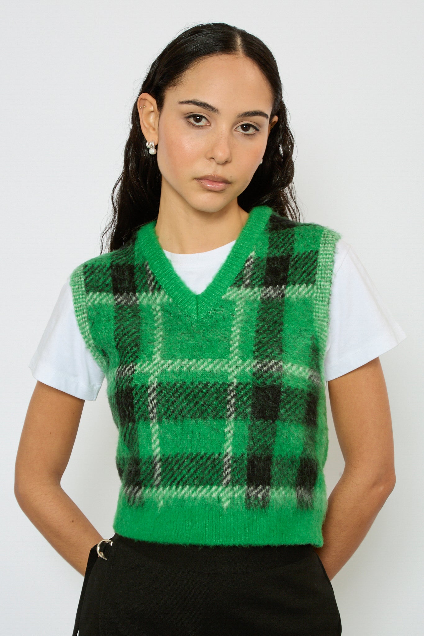 Green black and ivory fuzzy plaid sweater vest_1