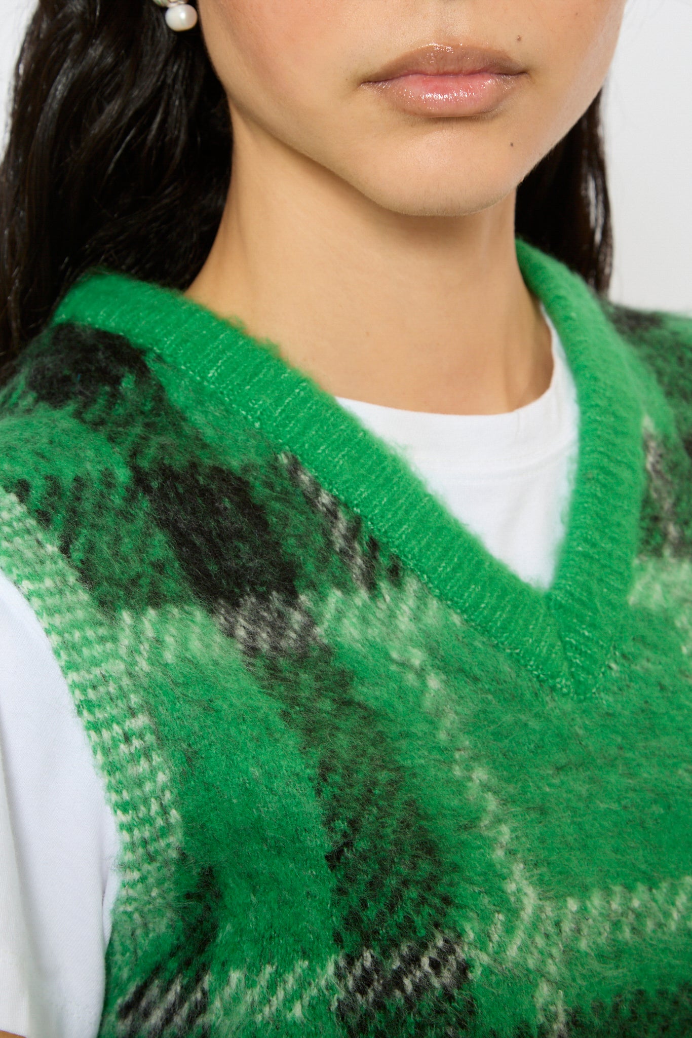 Green black and ivory fuzzy plaid sweater vest_3