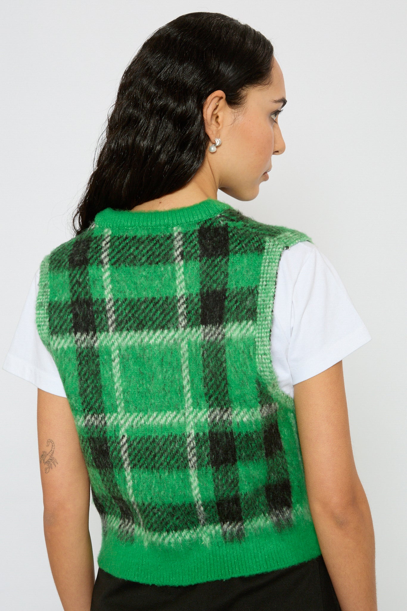 Green black and ivory fuzzy plaid sweater vest_2