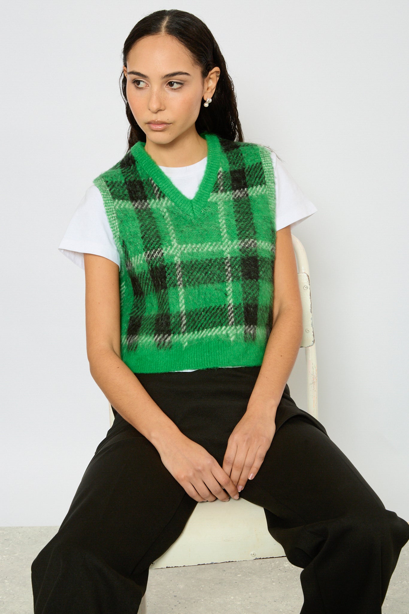 Green black and ivory fuzzy plaid sweater vest_5