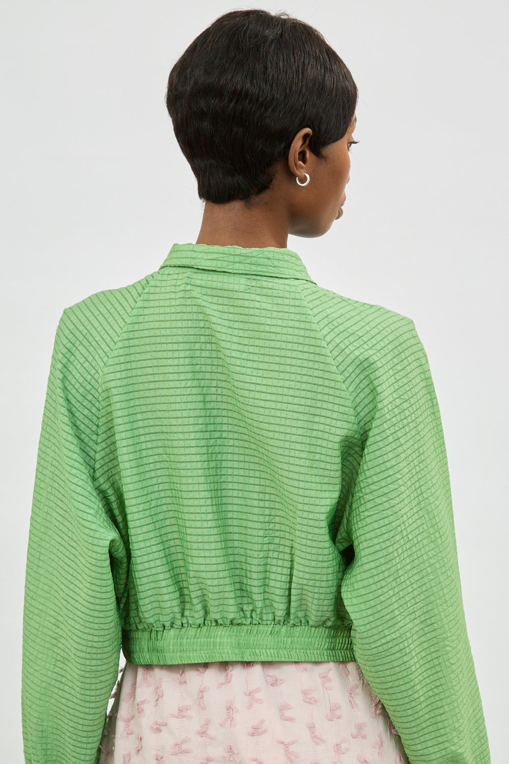 Green box check ruffle trim jacket_2