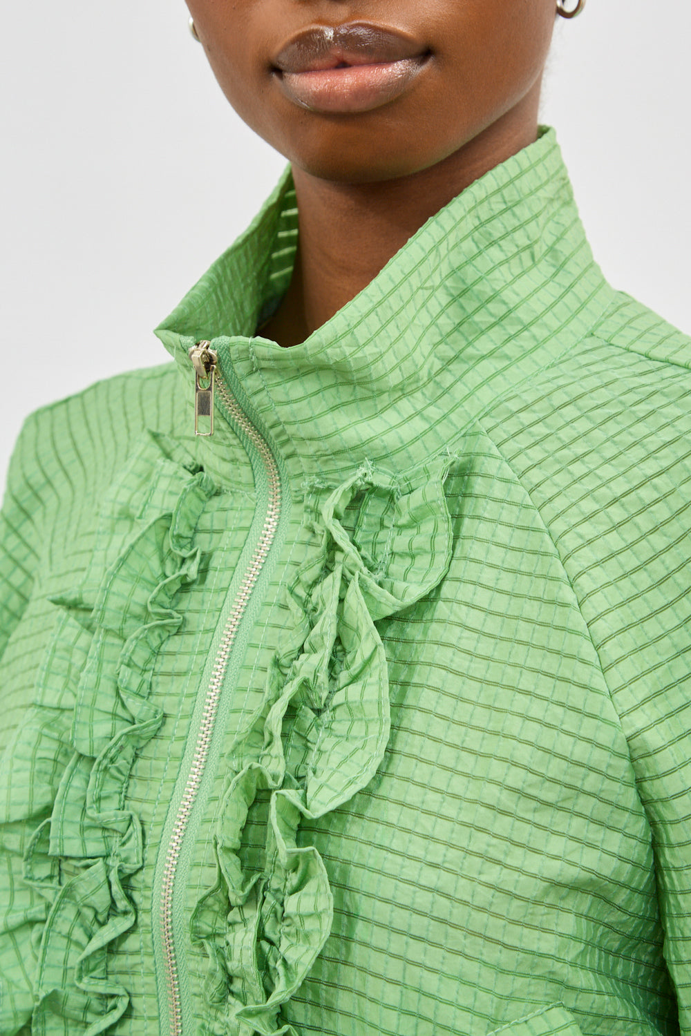 Green box check ruffle trim jacket_3