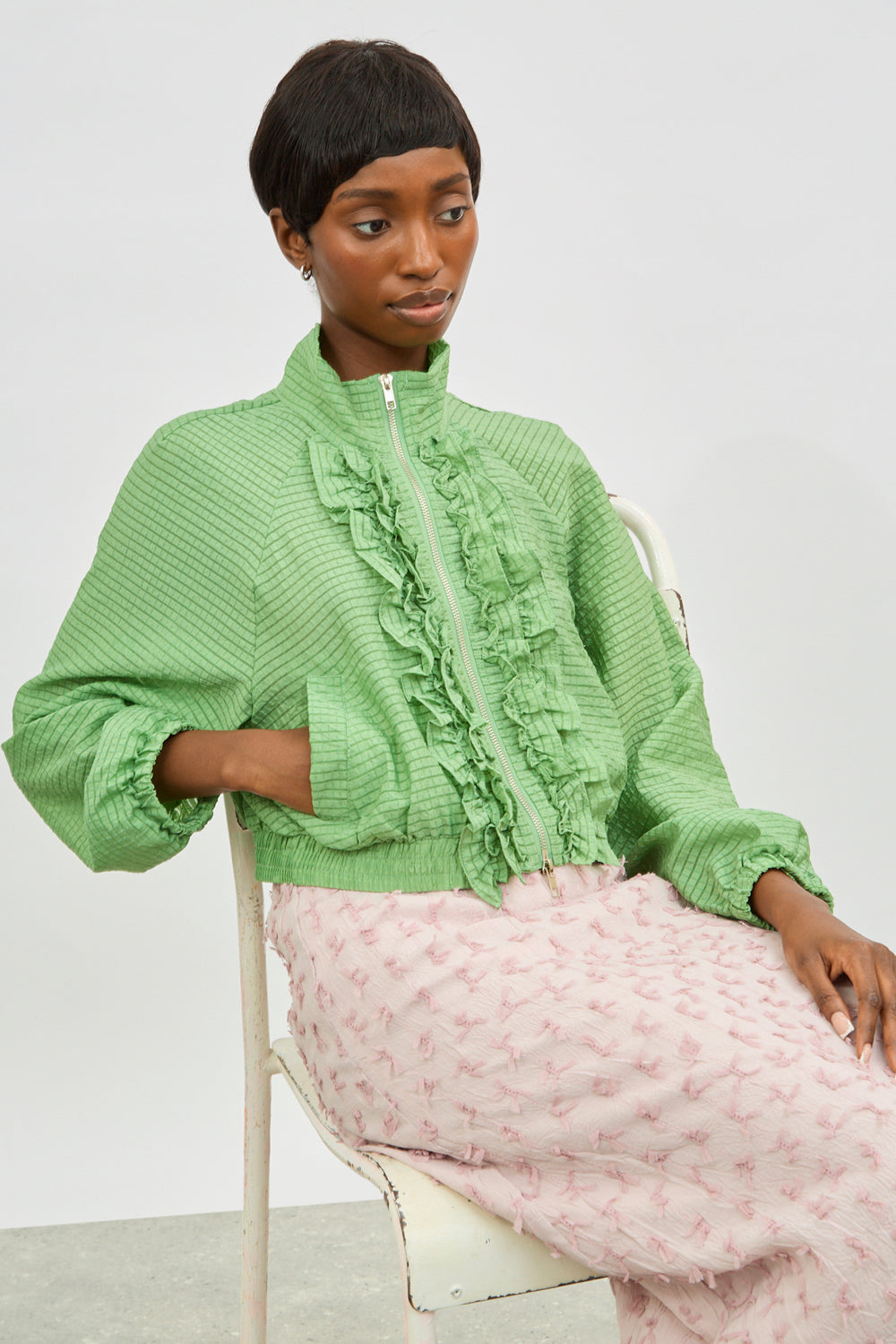 Green box check ruffle trim jacket_5