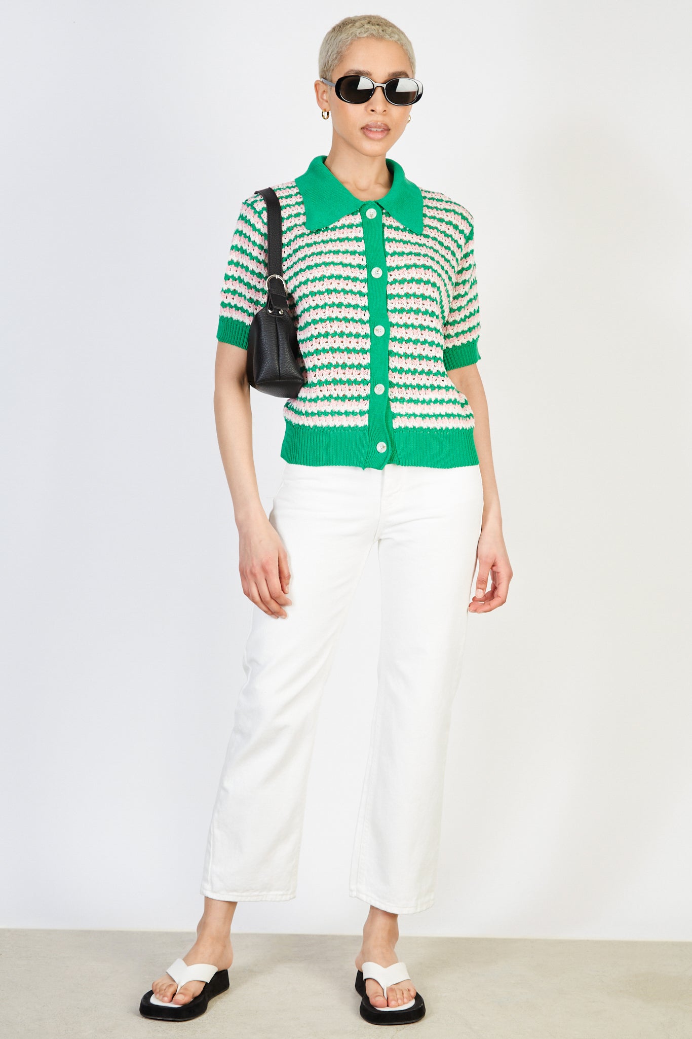 Green pink and white mix collared button up knit tee_4