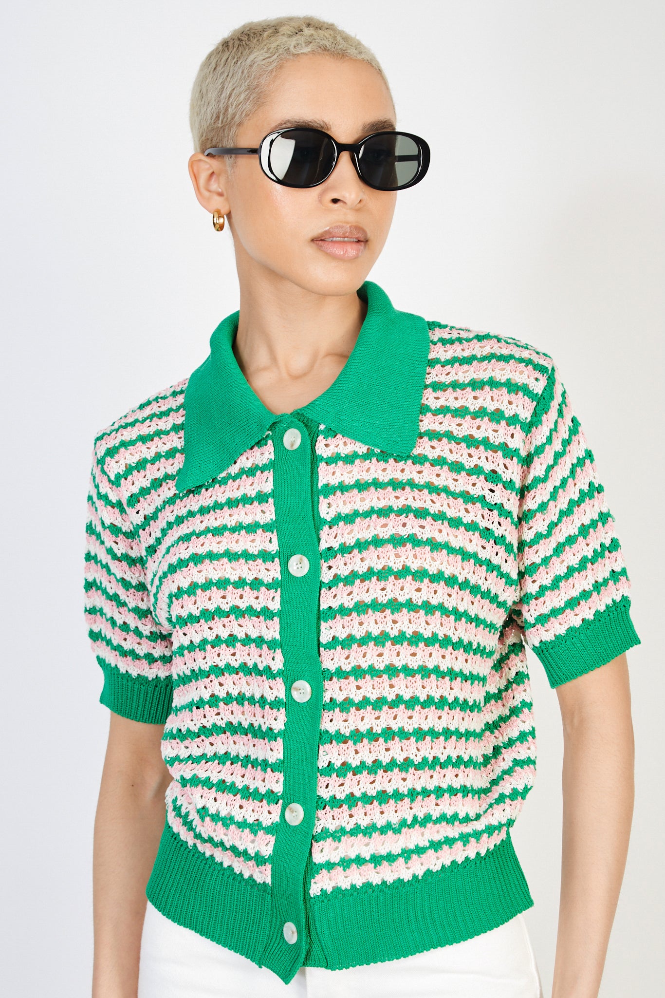 Green pink and white mix collared button up knit tee_1
